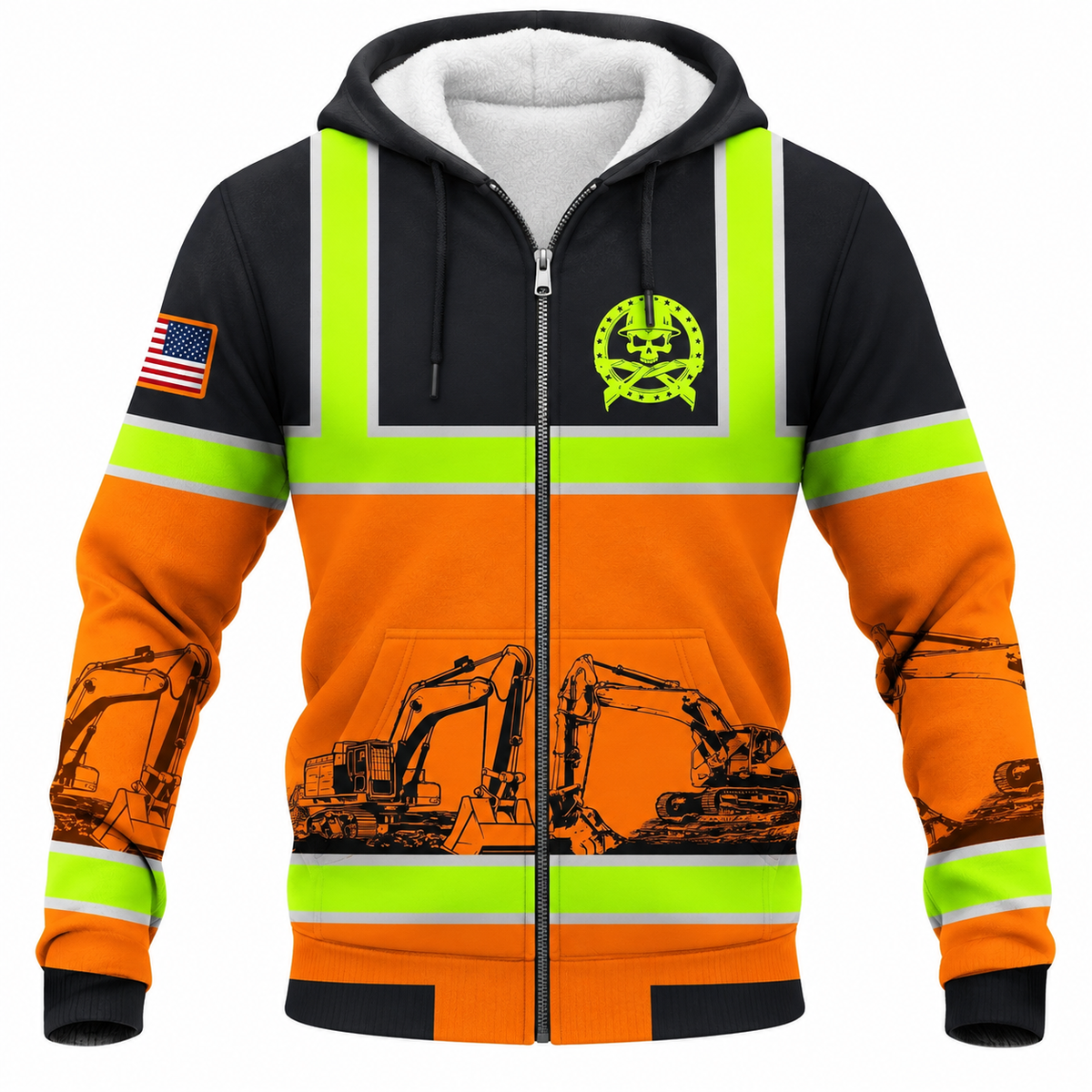 Personalized Excavator Operator Hoodie & T-Shirt - Black Orange Excavator Stripe Print – Fleece Zip Hoodie, front view