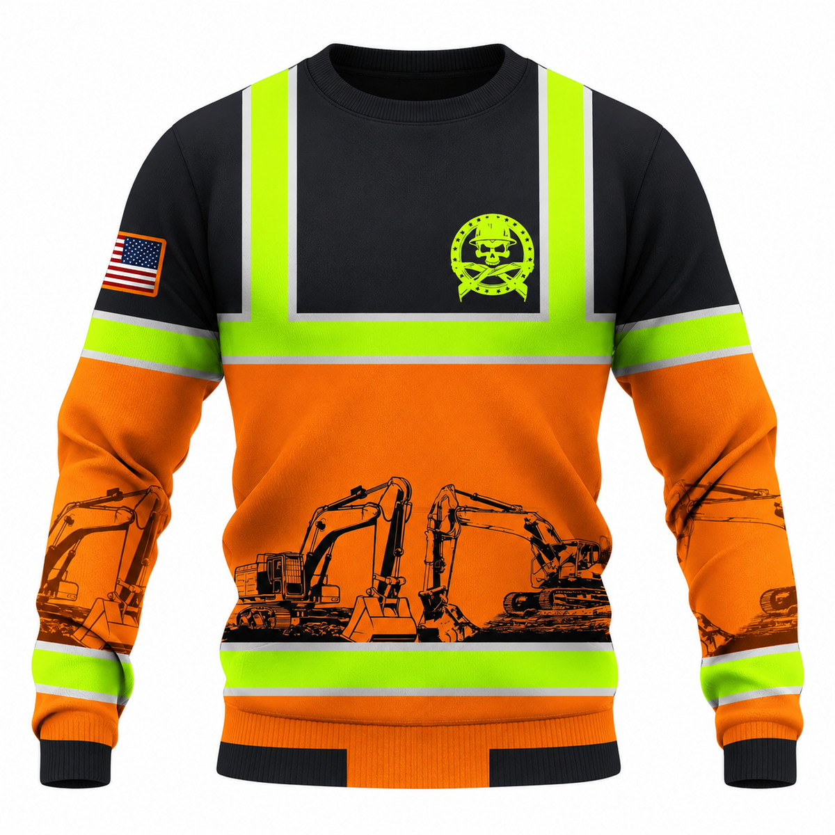 Personalized Excavator Operator Hoodie & T-Shirt - Black Orange Excavator Stripe Print – Sweatshirt, front view