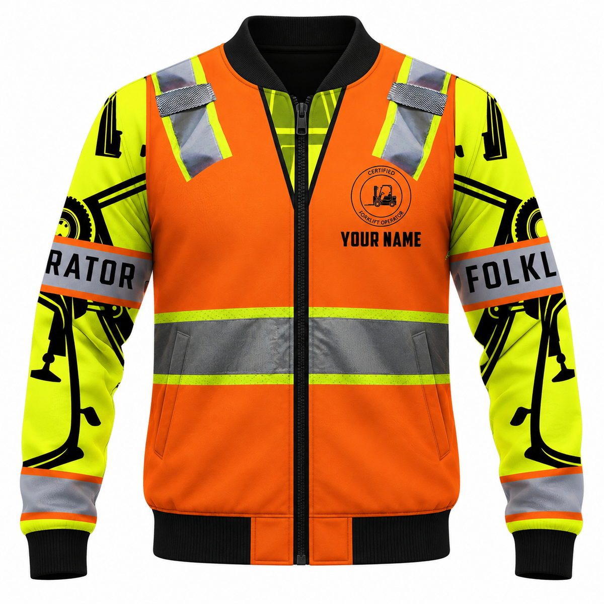 Personalized Forklift Operator Hoodie & T-Shirt - Orange Vest Print Heavy Equipment – Bomber Jacket, front view