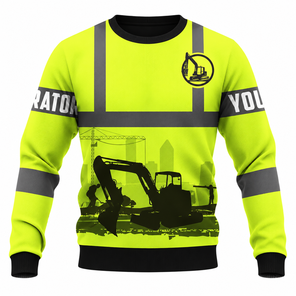 Personalized Excavator Operator Hoodie & T-Shirt - Yellow Grey Stripe Excavator Silhouette – Sweatshirt, front view