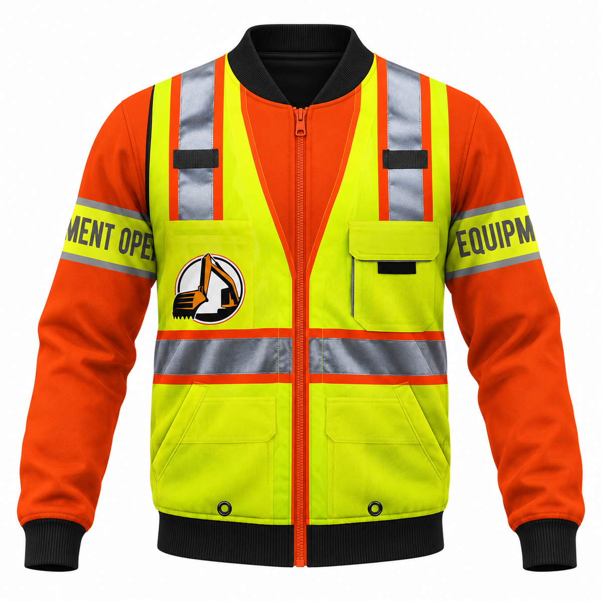 Personalized Excavator Operator Hoodie & T-Shirt - Yellow Vest Print Orange Sleeves – Bomber Jacket, front view
