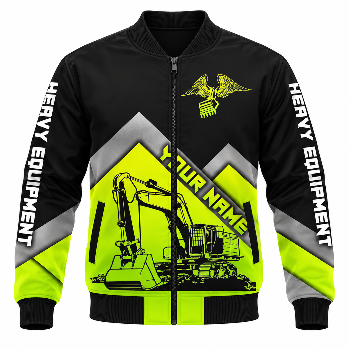 Personalized Heavy Equipment Hoodie & T-Shirt - Black Yellow Chevron Excavator – Bomber Jacket, front view