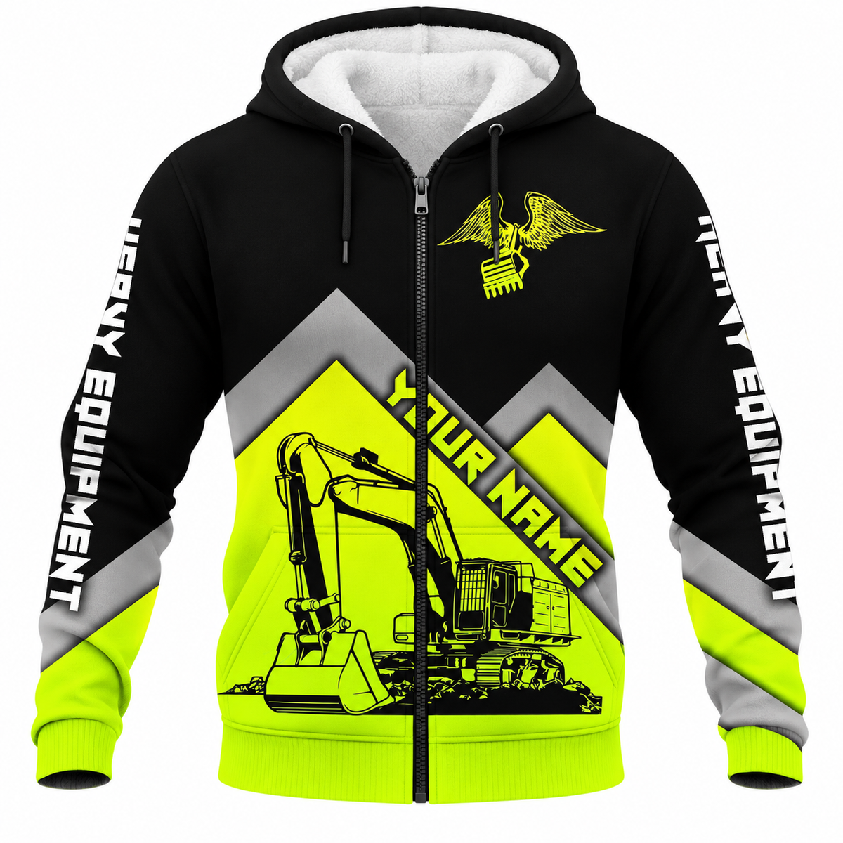 Personalized Heavy Equipment Hoodie & T-Shirt - Black Yellow Chevron Excavator – Fleece Zip Hoodie, front view