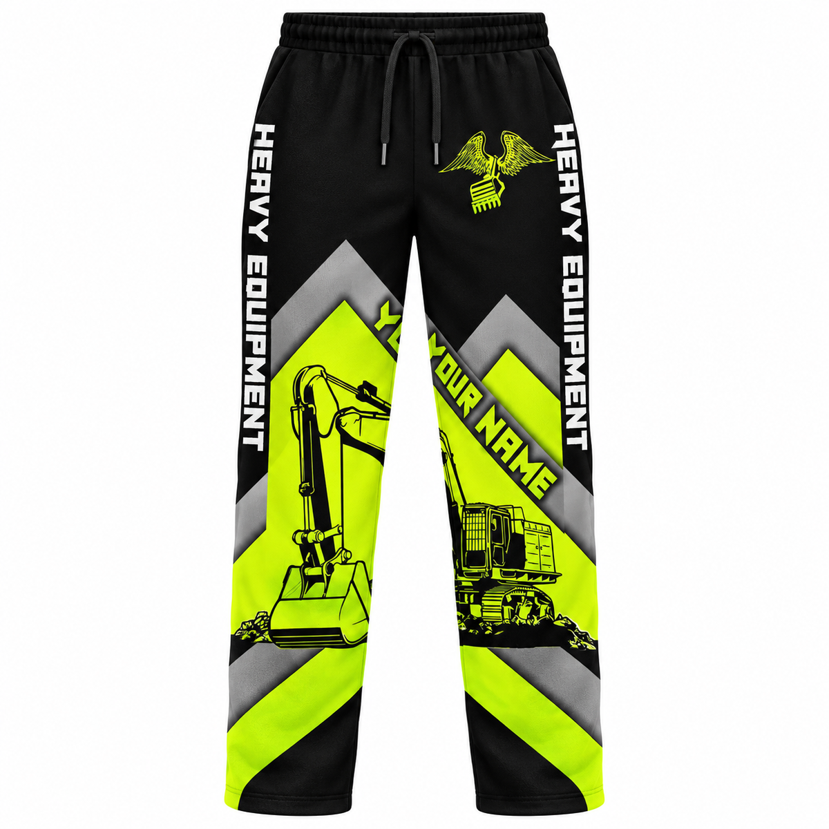 Personalized Heavy Equipment Hoodie & T-Shirt - Black Yellow Chevron Excavator – Long Pants, front view