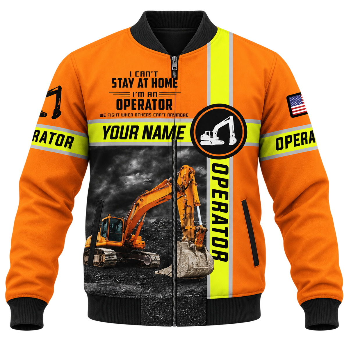 Personalized Excavator Operator Hoodie & T-Shirt - Orange Excavator Operator Quote – Bomber Jacket, front view