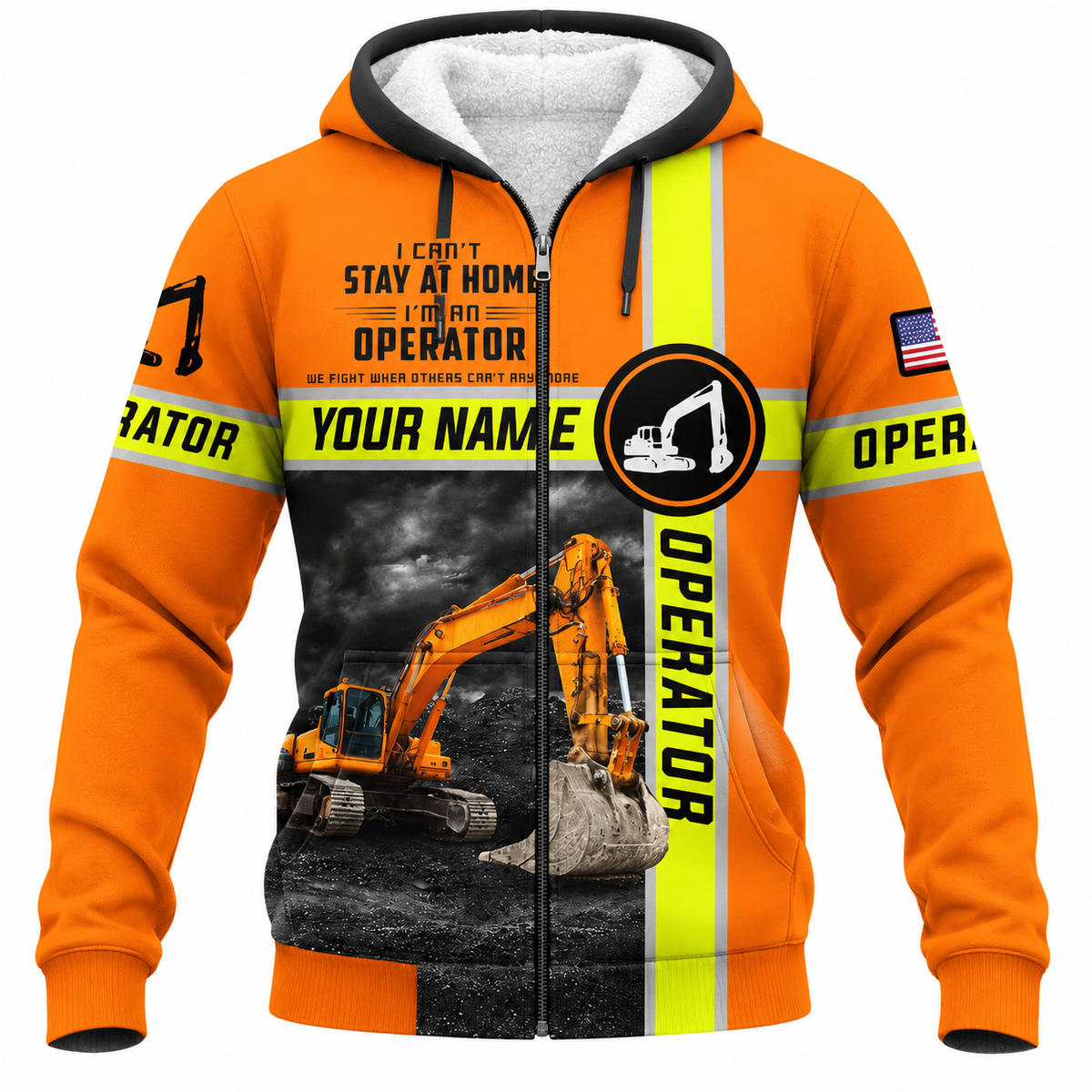 Personalized Excavator Operator Hoodie & T-Shirt - Orange Excavator Operator Quote – Fleece Zip Hoodie, front view