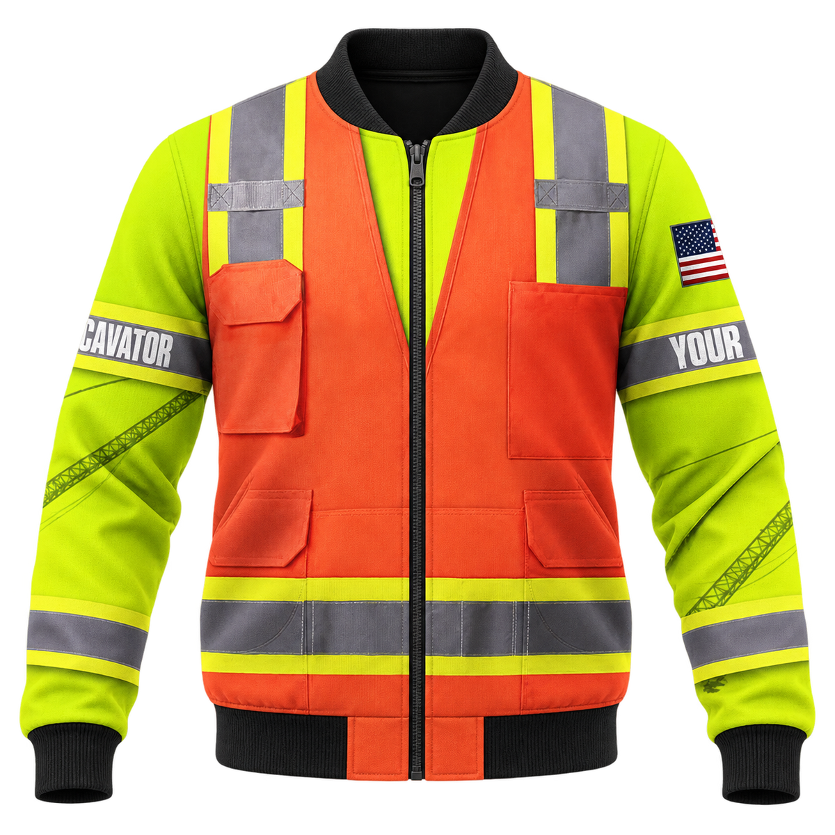 Personalized Excavator Operator Hoodie & T-Shirt - Orange Vest Print Yellow Sleeves – Bomber Jacket, front view