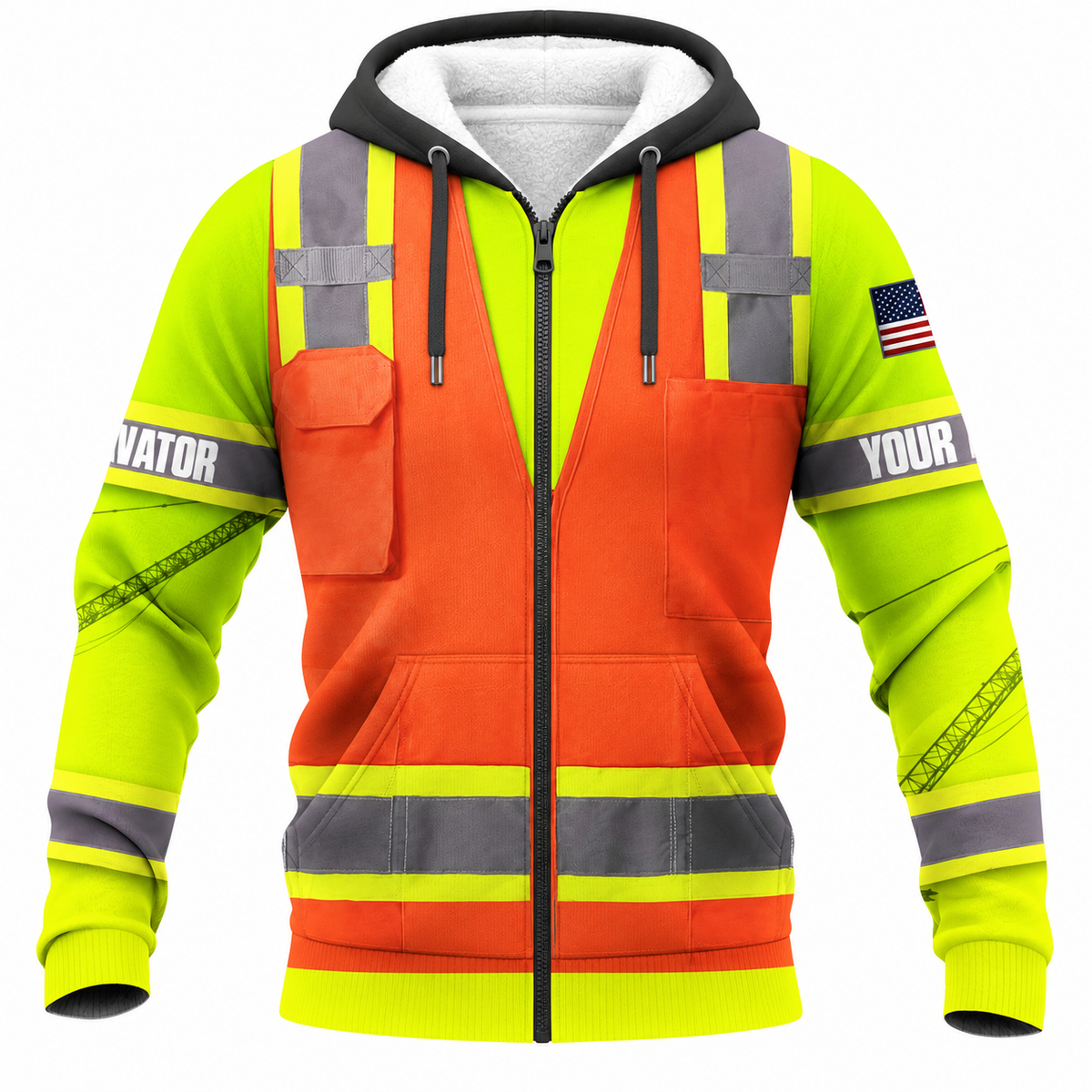 Personalized Excavator Operator Hoodie & T-Shirt - Orange Vest Print Yellow Sleeves – Fleece Zip Hoodie, front view