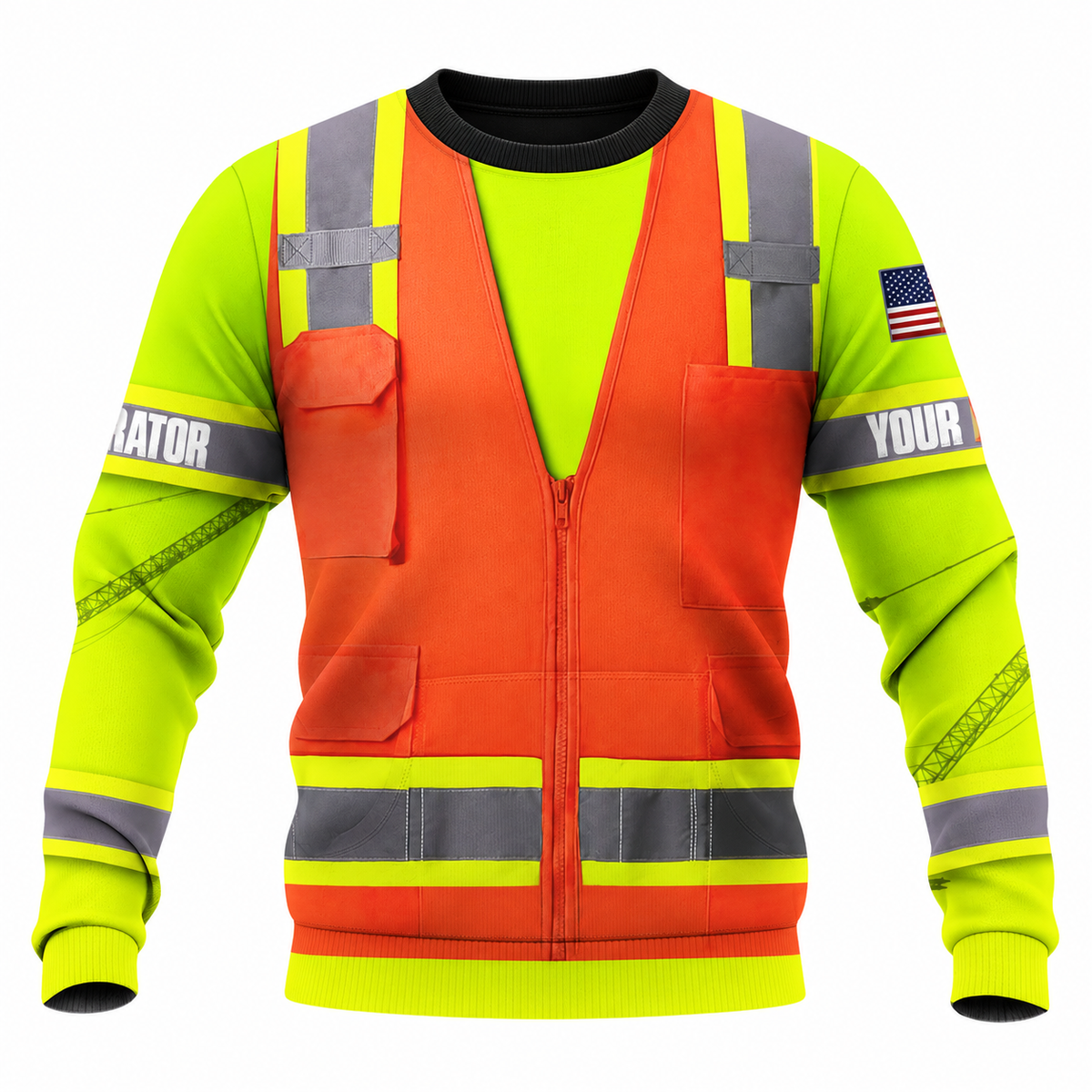 Personalized Excavator Operator Hoodie & T-Shirt - Orange Vest Print Yellow Sleeves – Sweatshirt, front view