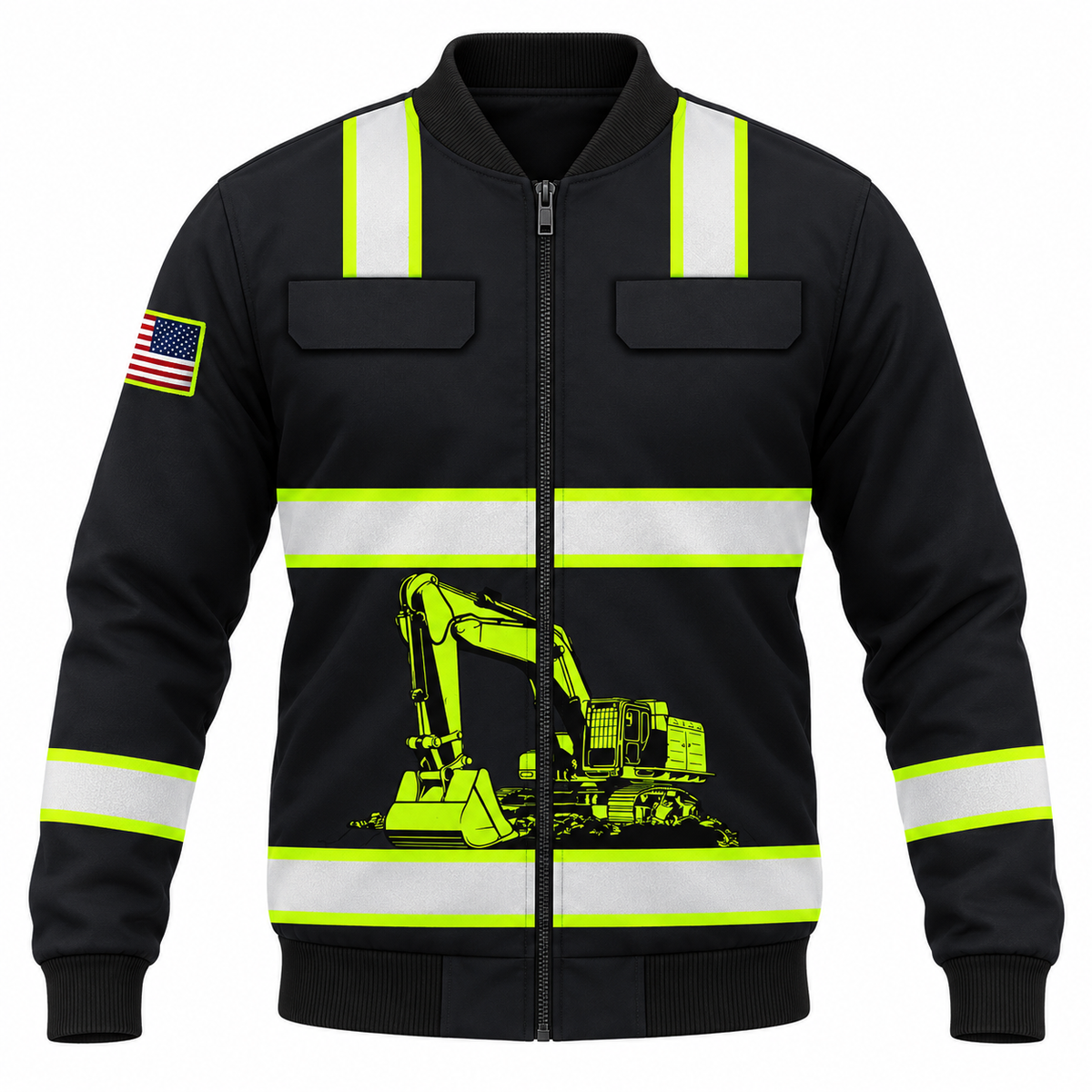 Personalized Excavator Operator Hoodie & T-Shirt - Black Yellow Stripe Excavator – Bomber Jacket, front view