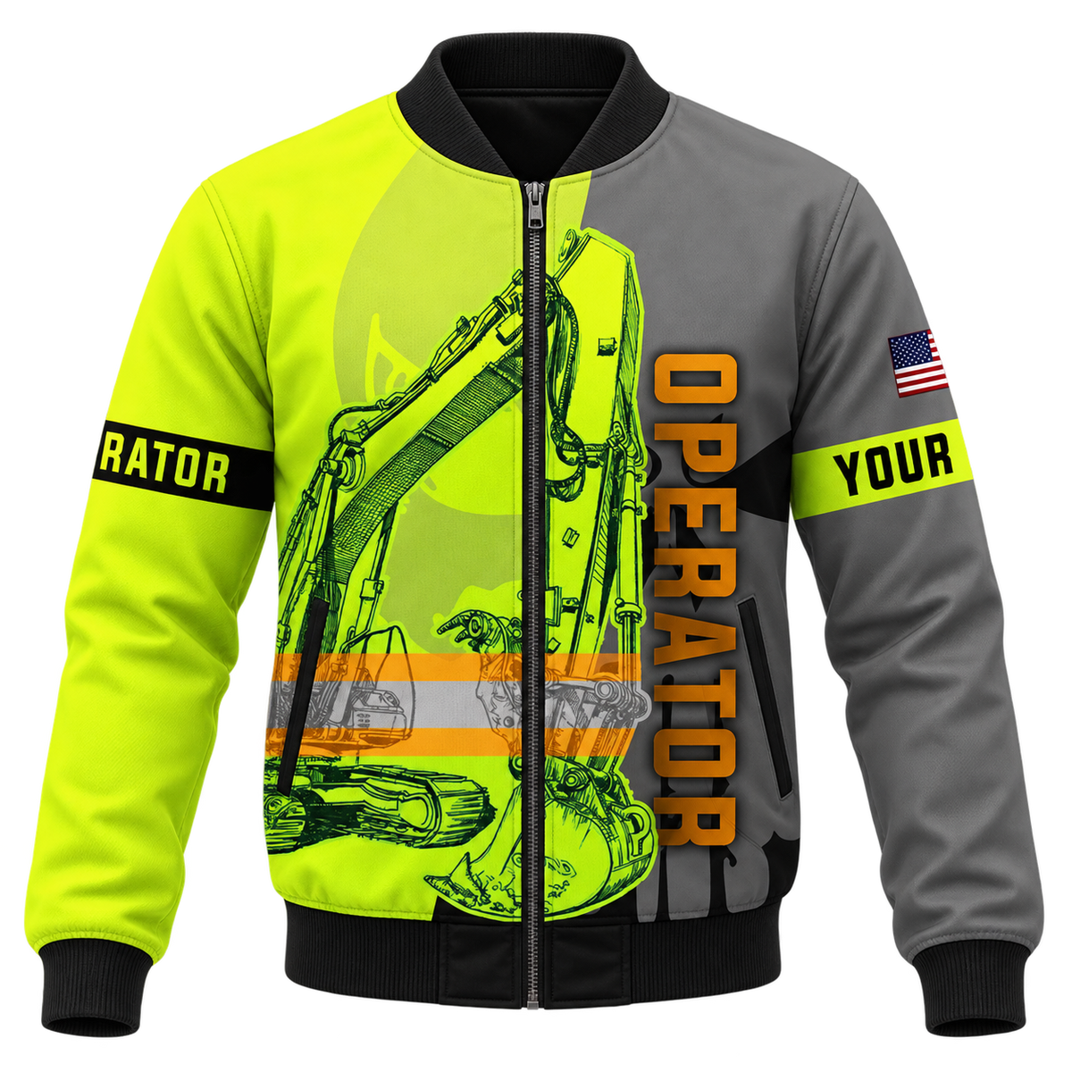 Personalized Excavator Operator Hoodie & T-Shirt - Yellow Grey Diagonal Excavator – Bomber Jacket, front view
