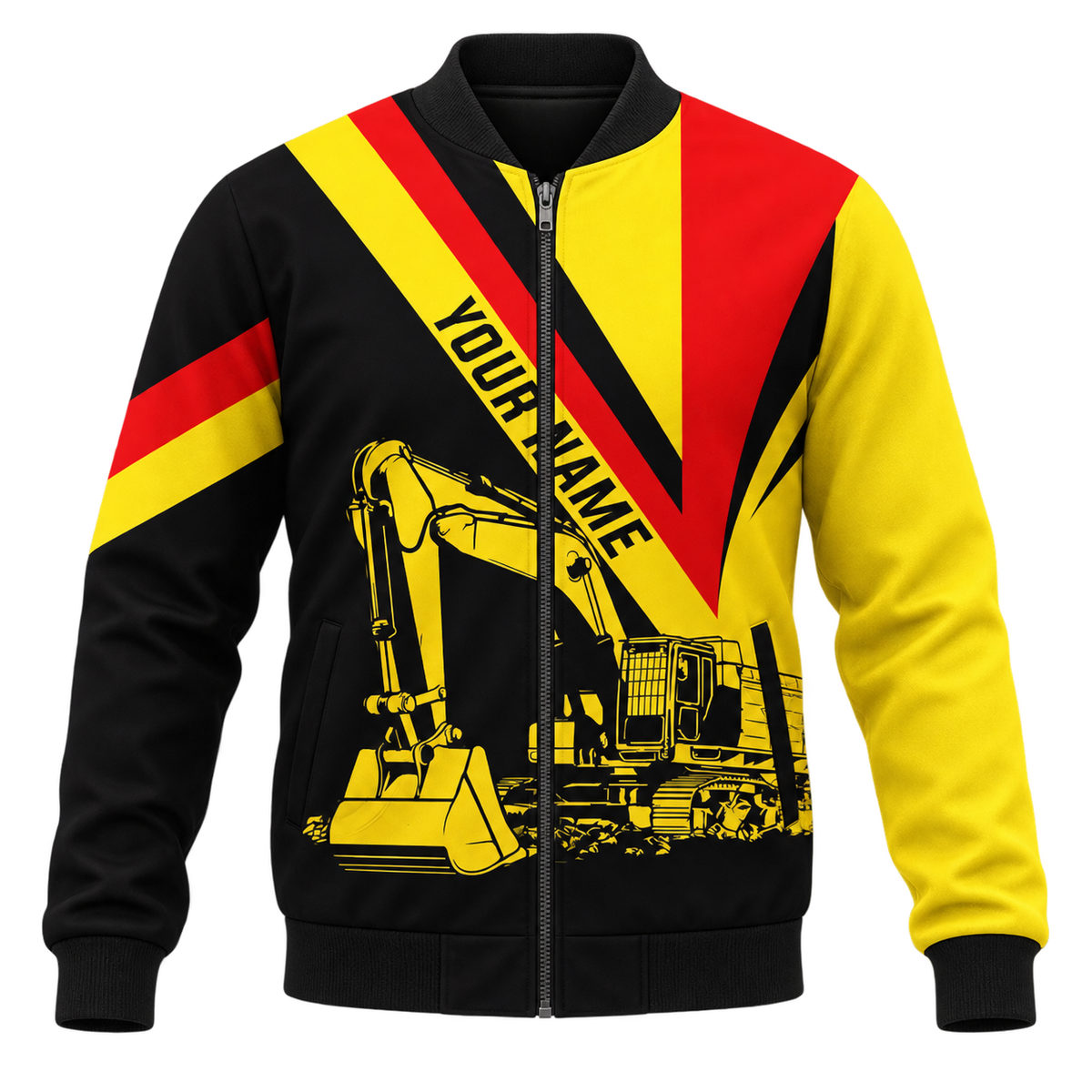 Personalized Excavator Operator Hoodie & T-Shirt - Yellow Red Black Excavator – Bomber Jacket, front view