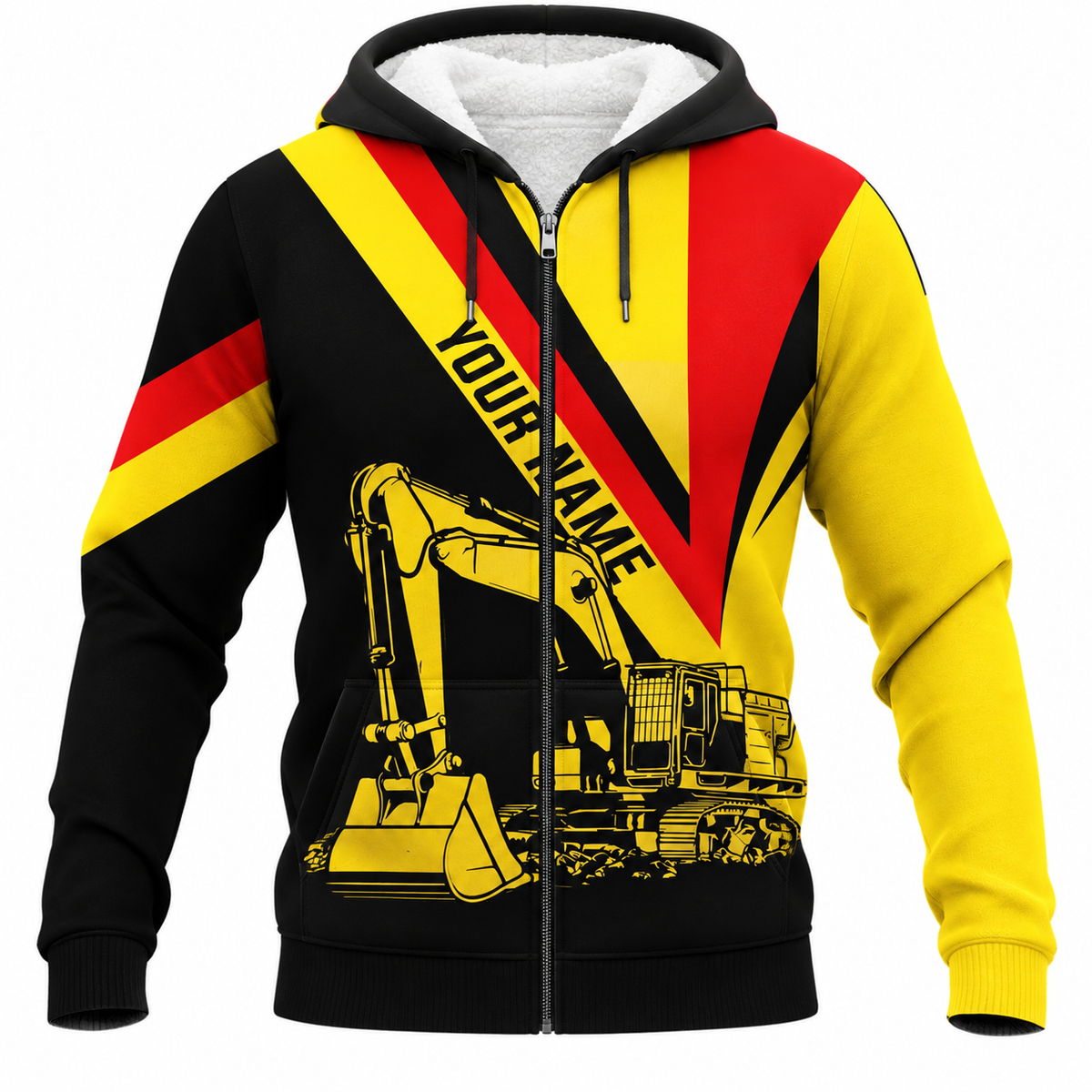 Personalized Excavator Operator Hoodie & T-Shirt - Yellow Red Black Excavator – Fleece Zip Hoodie, front view