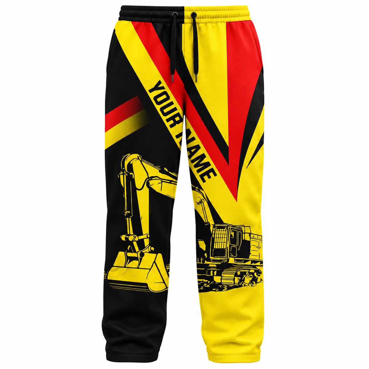Personalized Excavator Operator Hoodie & T-Shirt - Yellow Red Black Excavator – Long Pants, front view