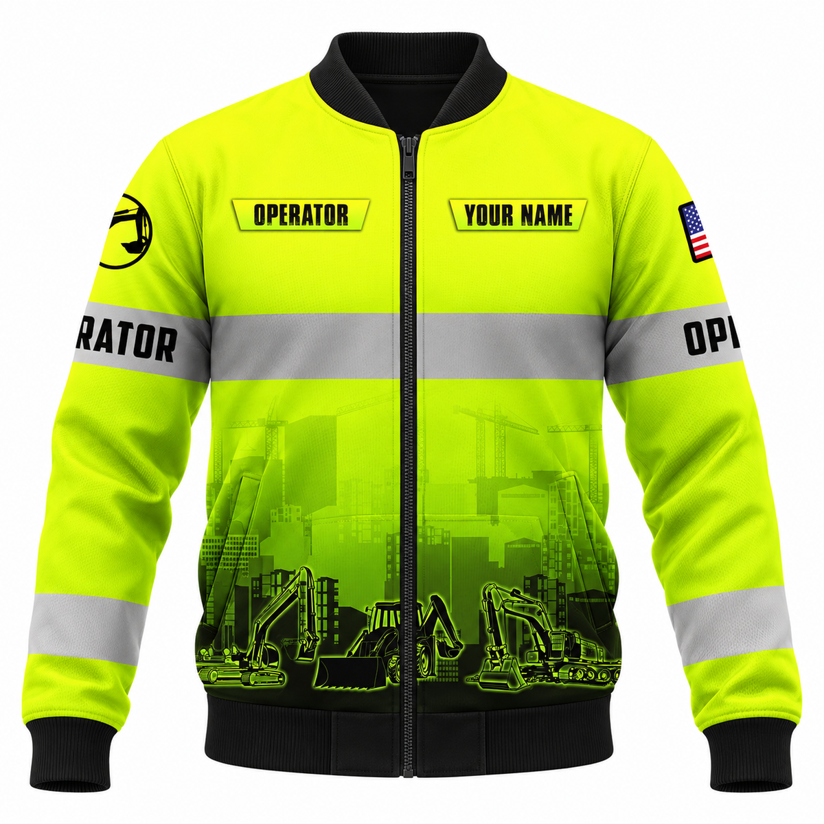 Personalized Excavator Operator Hoodie & T-Shirt - Yellow Grey Stripe Excavator Fleet – Bomber Jacket, front view