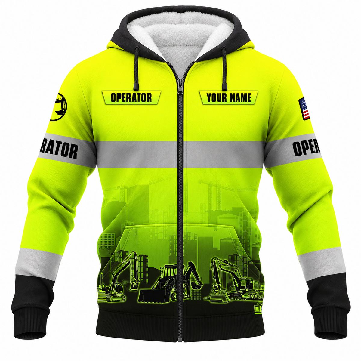 Personalized Excavator Operator Hoodie & T-Shirt - Yellow Grey Stripe Excavator Fleet – Fleece Zip Hoodie, front view