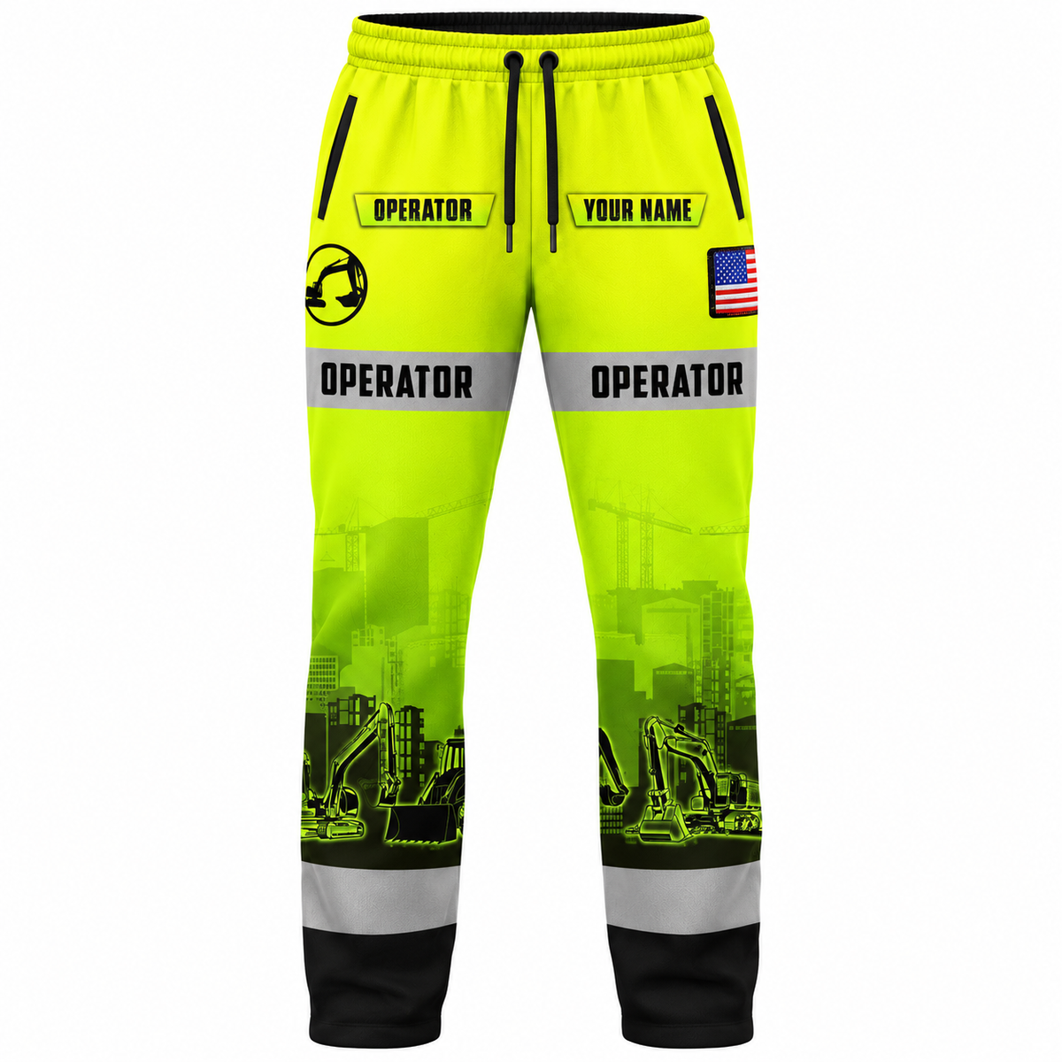 Personalized Excavator Operator Hoodie & T-Shirt - Yellow Grey Stripe Excavator Fleet – Long Pants, front view