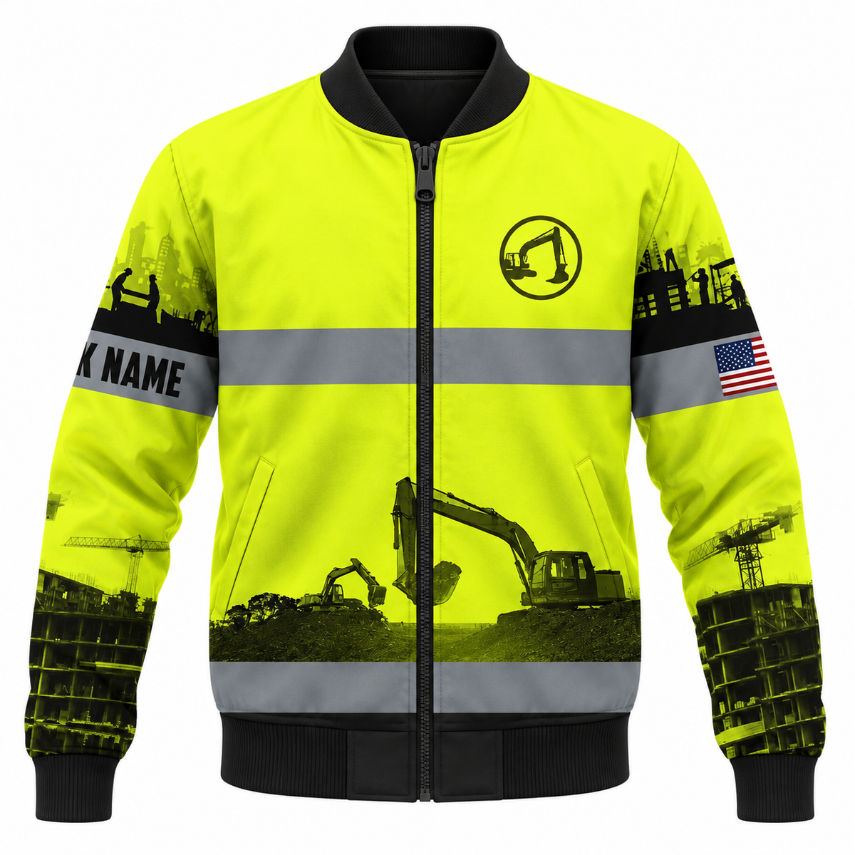 Personalized Excavator Operator Hoodie & T-Shirt - Yellow Grey Stripe Excavator Landscape – Bomber Jacket, front view