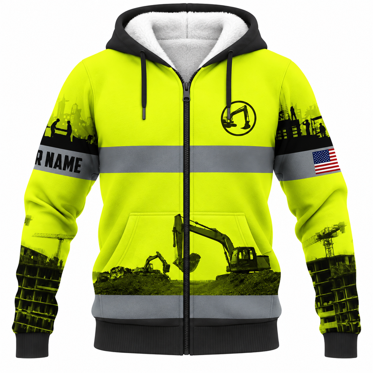 Personalized Excavator Operator Hoodie & T-Shirt - Yellow Grey Stripe Excavator Landscape – Fleece Zip Hoodie, front view