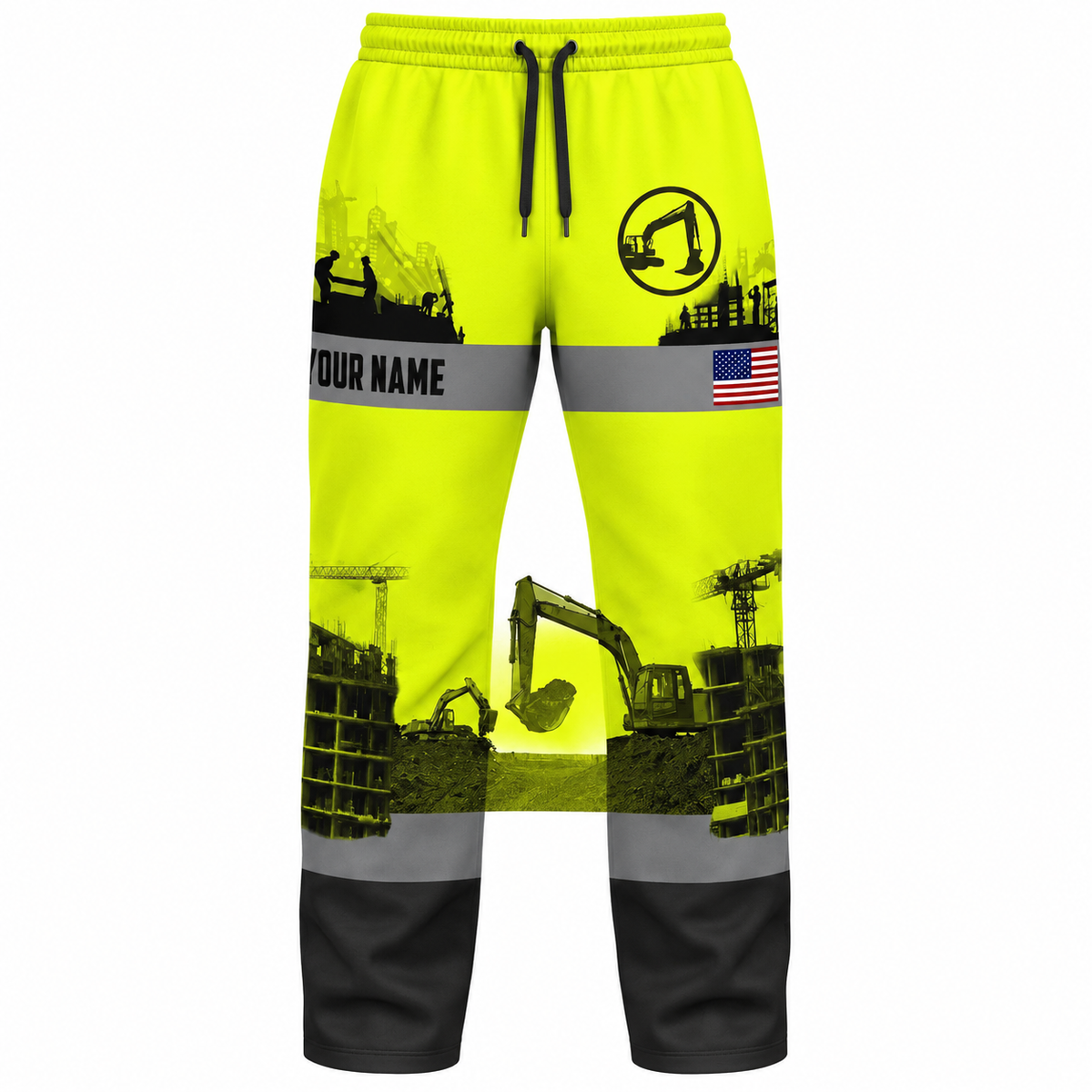 Personalized Excavator Operator Hoodie & T-Shirt - Yellow Grey Stripe Excavator Landscape – Long Pants, front view