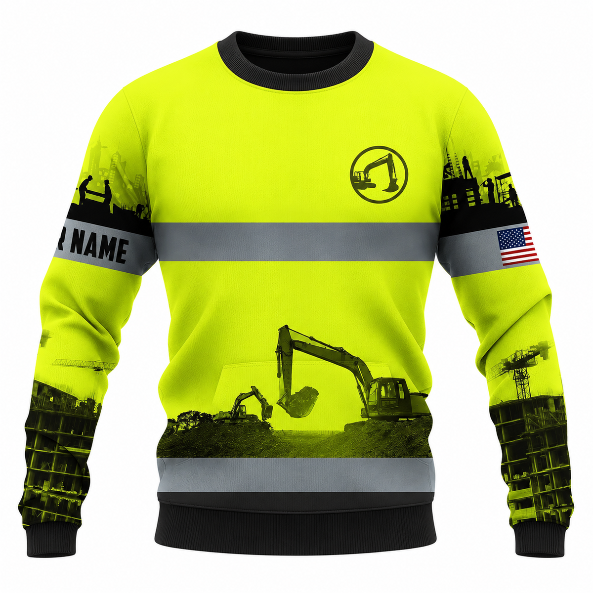 Personalized Excavator Operator Hoodie & T-Shirt - Yellow Grey Stripe Excavator Landscape – Sweatshirt, front view