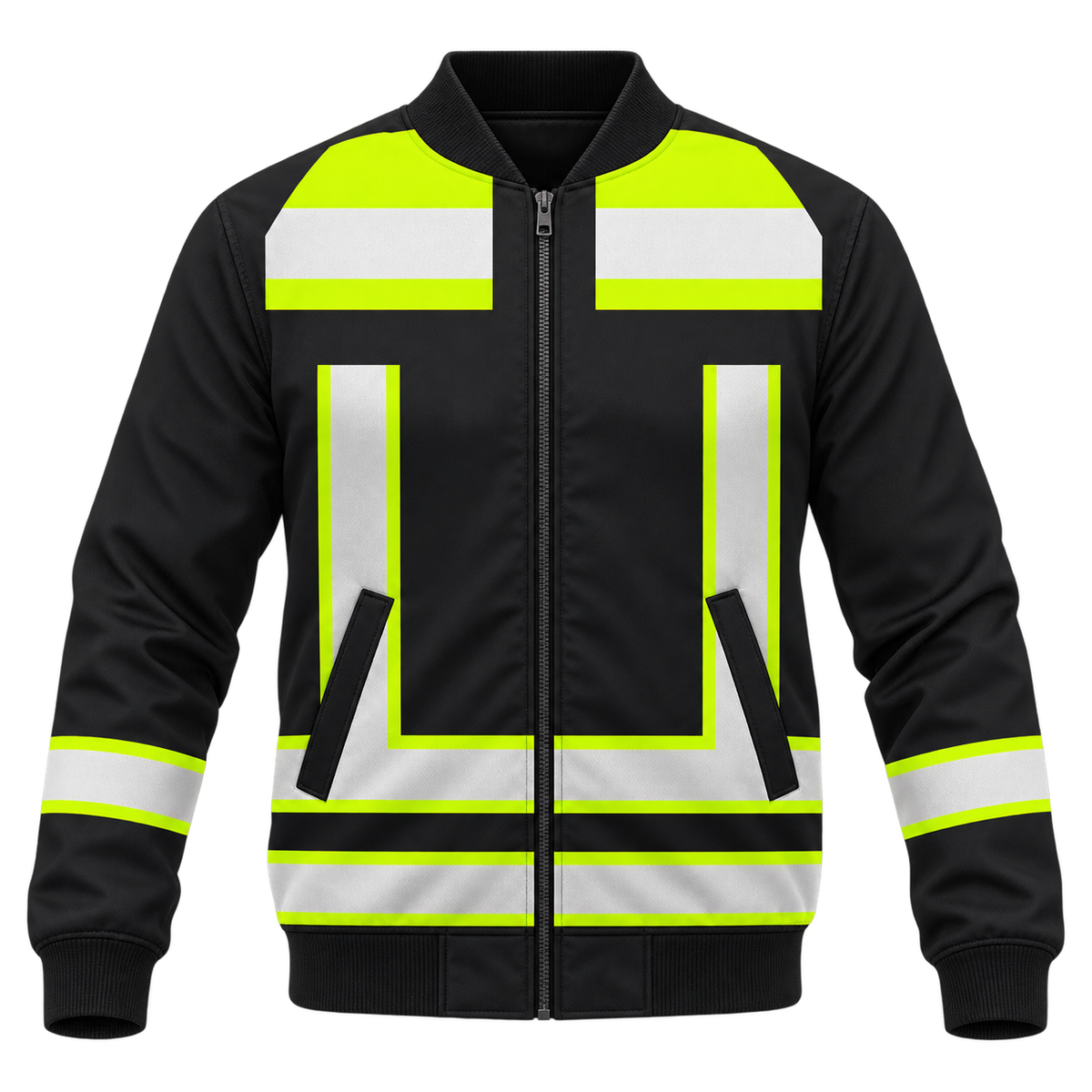 Personalized Excavator Operator Hoodie & T-Shirt - Black Yellow Vest Stripe Print – Bomber Jacket, front view