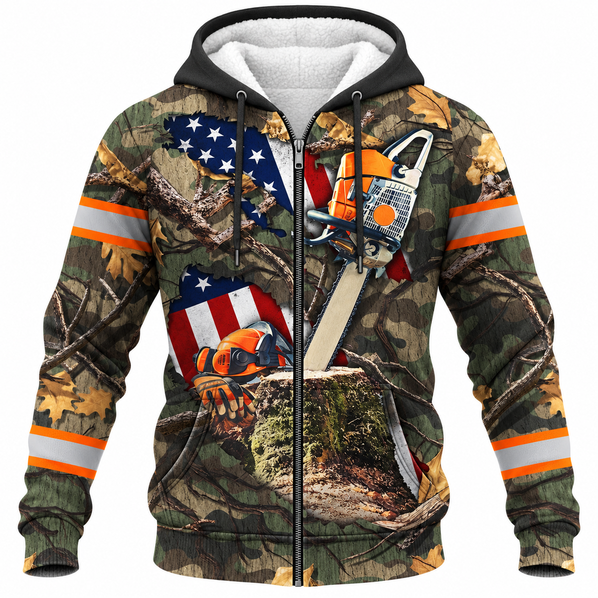 Personalized Logger Hoodie & T-Shirt - Woodland Camouflage American Flag Chainsaw – Fleece Zip Hoodie, front view