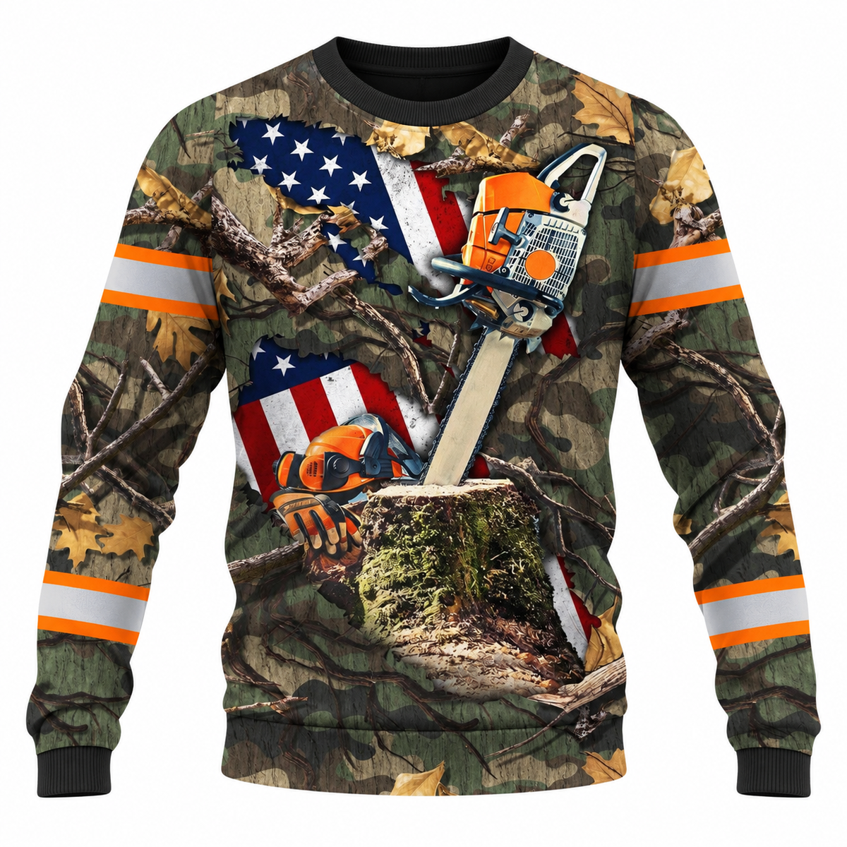 Personalized Logger Hoodie & T-Shirt - Woodland Camouflage American Flag Chainsaw – Sweatshirt, front view