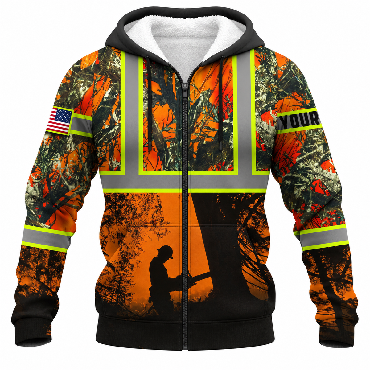 Personalized Logger Hoodie & T-Shirt - Orange Forest Logger Silhouette – Fleece Zip Hoodie, front view