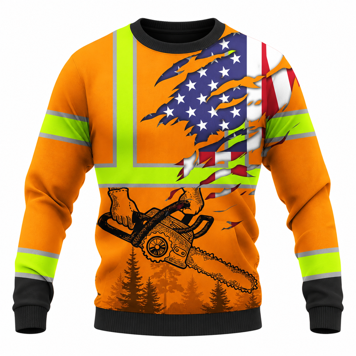 Personalized Logger Hoodie & T-Shirt - Orange American Flag Crossed Chainsaws – Sweatshirt, front view