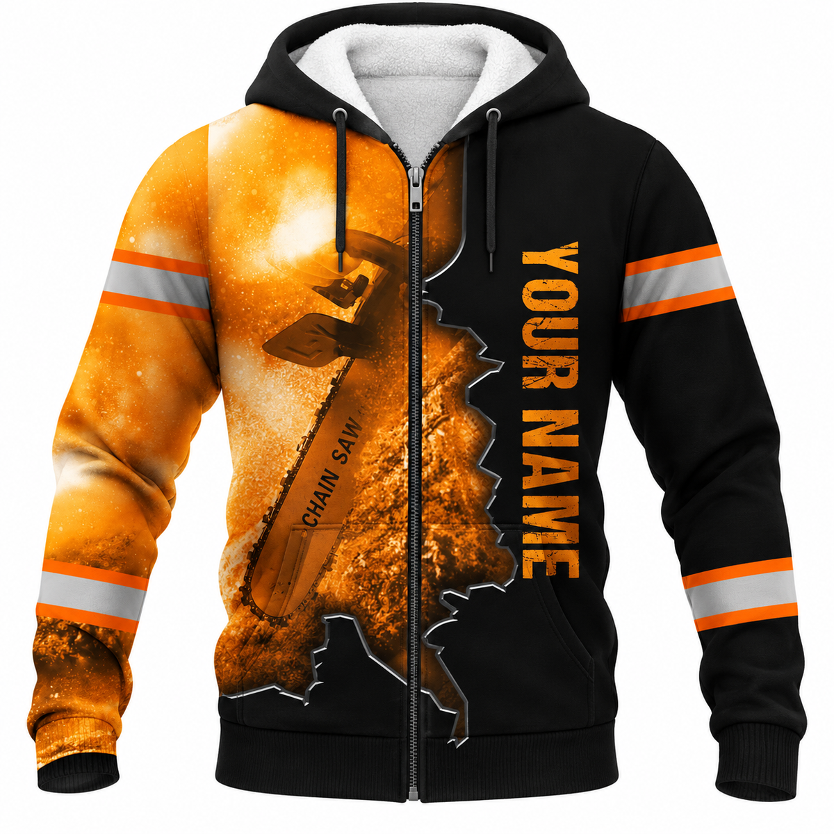 Personalized Logger Hoodie & T-Shirt - Orange Black Chainsaw Sparks – Fleece Zip Hoodie, front view