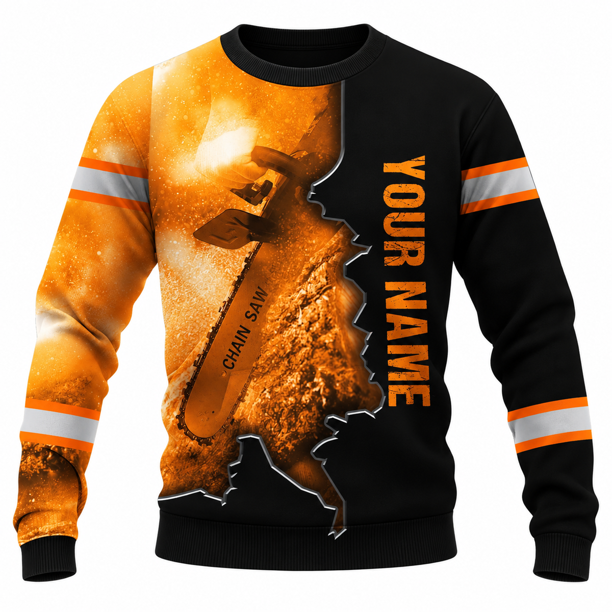 Personalized Logger Hoodie & T-Shirt - Orange Black Chainsaw Sparks – Sweatshirt, front view