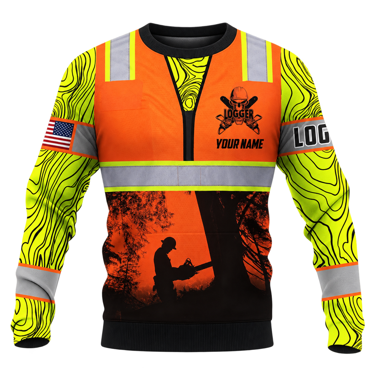 Personalized Logger Hoodie & T-Shirt - Orange Logger Silhouette Yellow Sleeves – Sweatshirt, front view