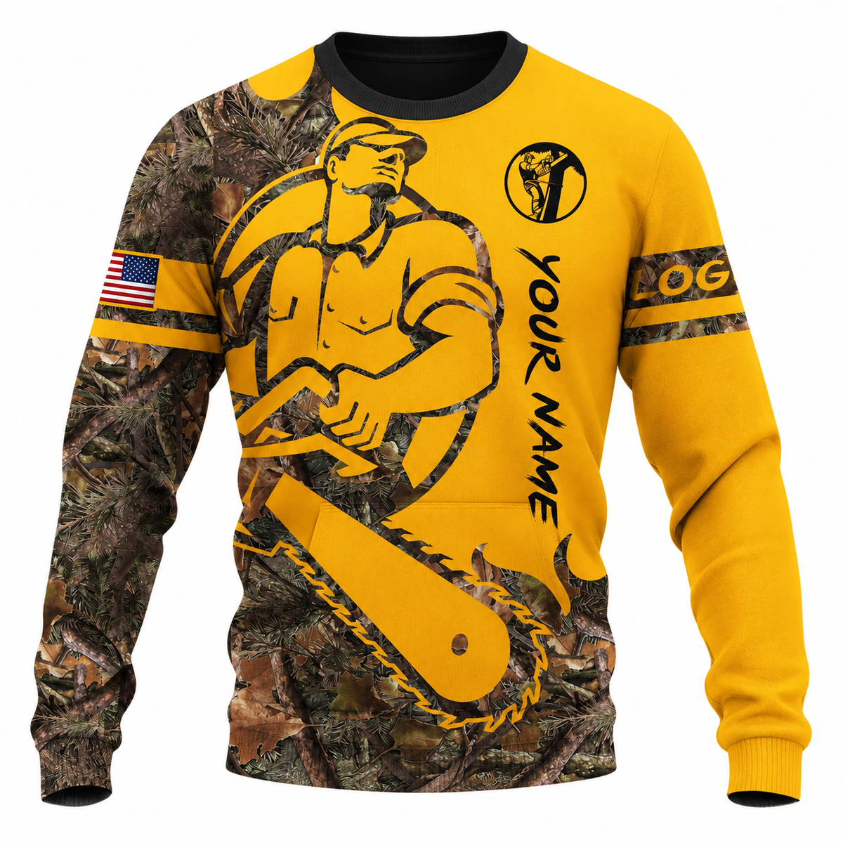 Personalized Logger Hoodie & T-Shirt - Yellow Cartoon Lumberjack Chainsaw – Sweatshirt, front view
