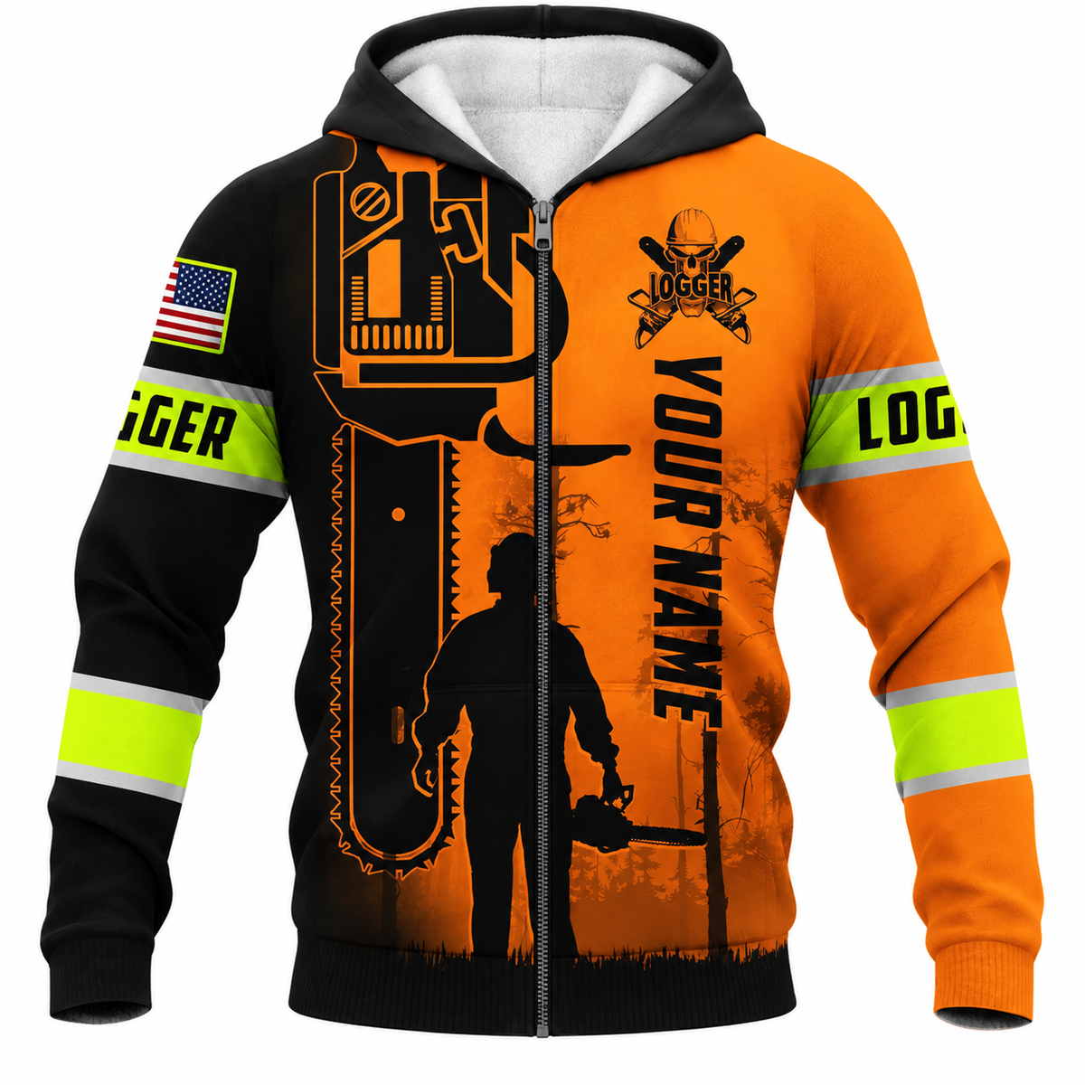 Personalized Logger Hoodie & T-Shirt - Orange Black Logger Silhouette – Fleece Zip Hoodie, front view