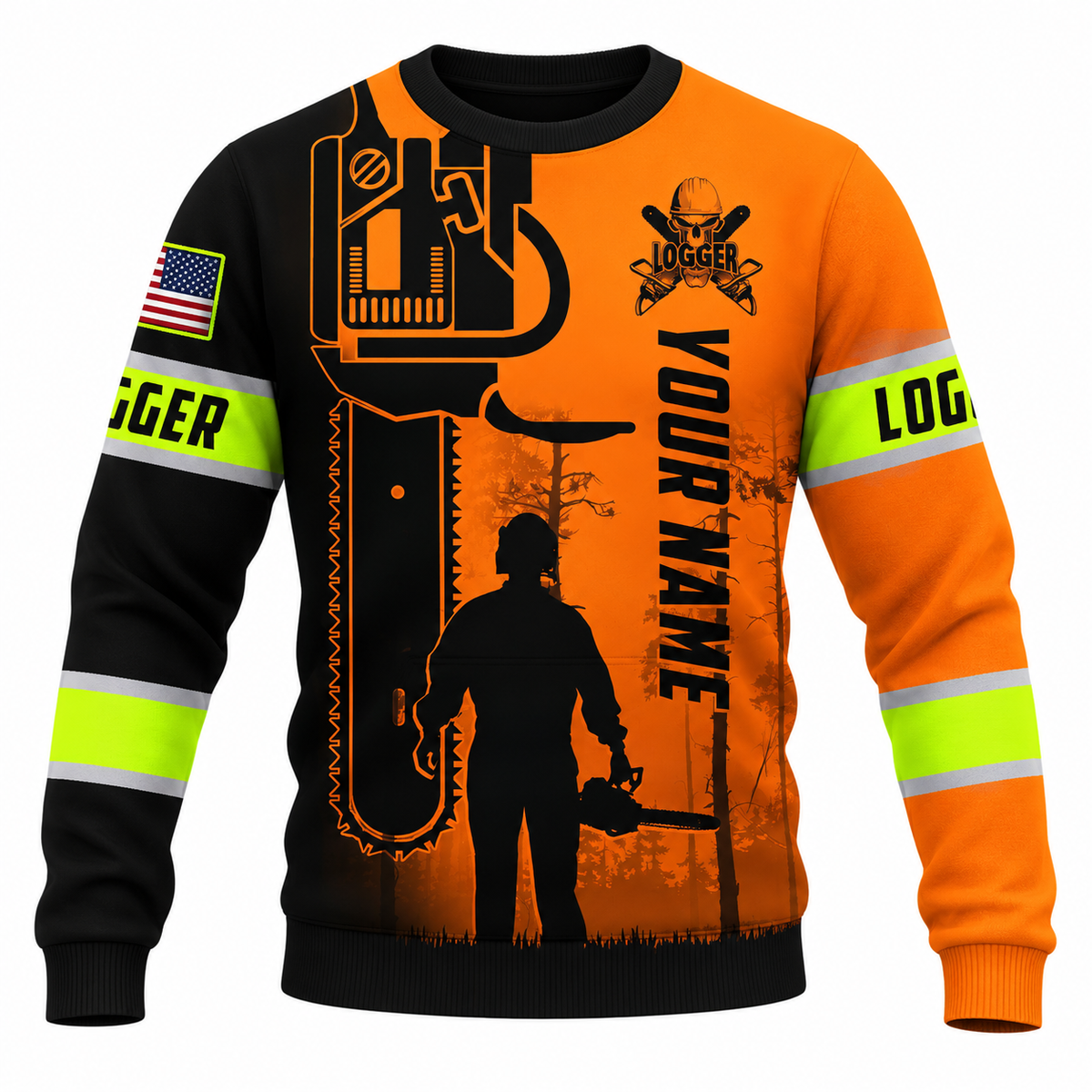 Personalized Logger Hoodie & T-Shirt - Orange Black Logger Silhouette – Sweatshirt, front view