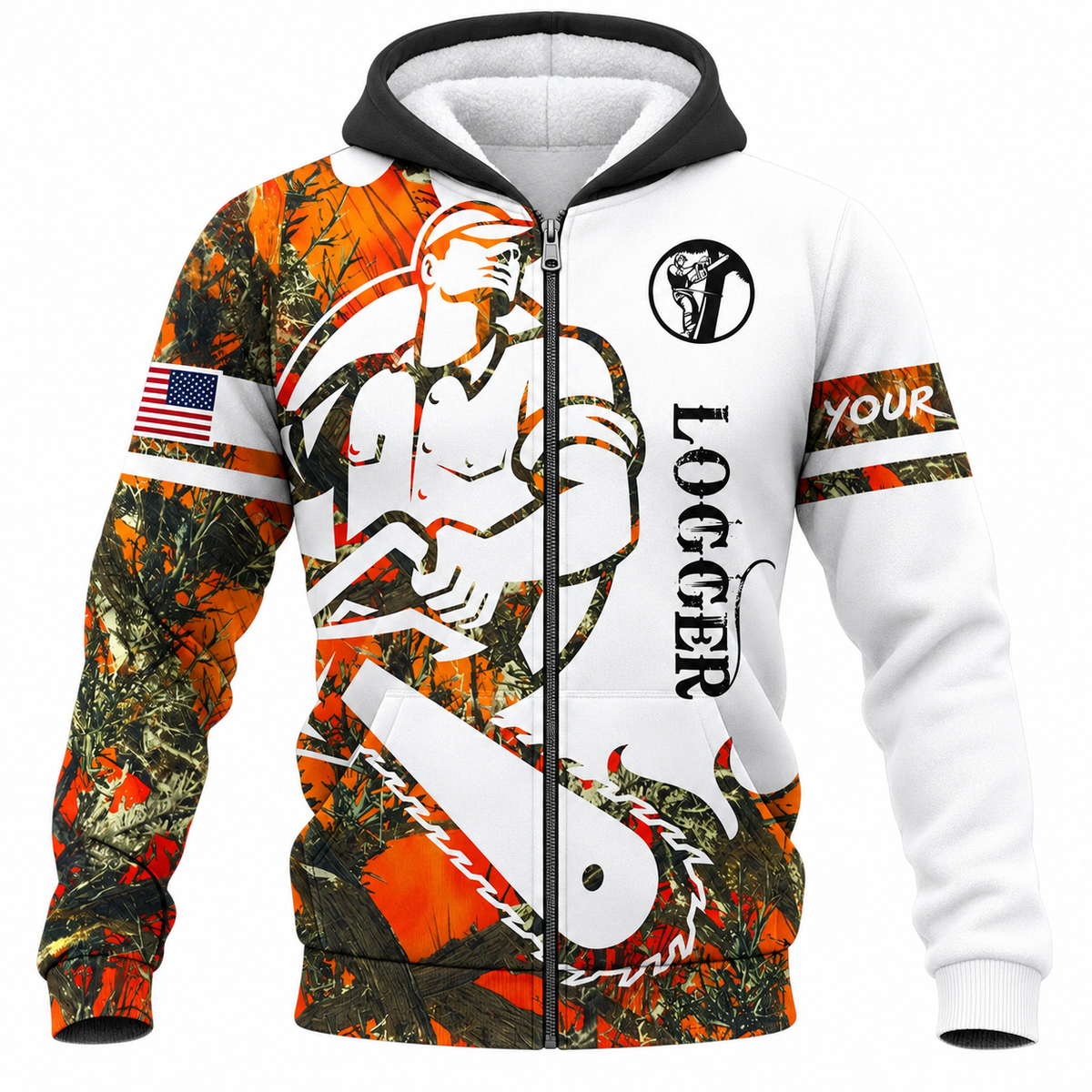 Personalized Logger Hoodie & T-Shirt - White Camouflage Cartoon Lumberjack – Fleece Zip Hoodie, front view
