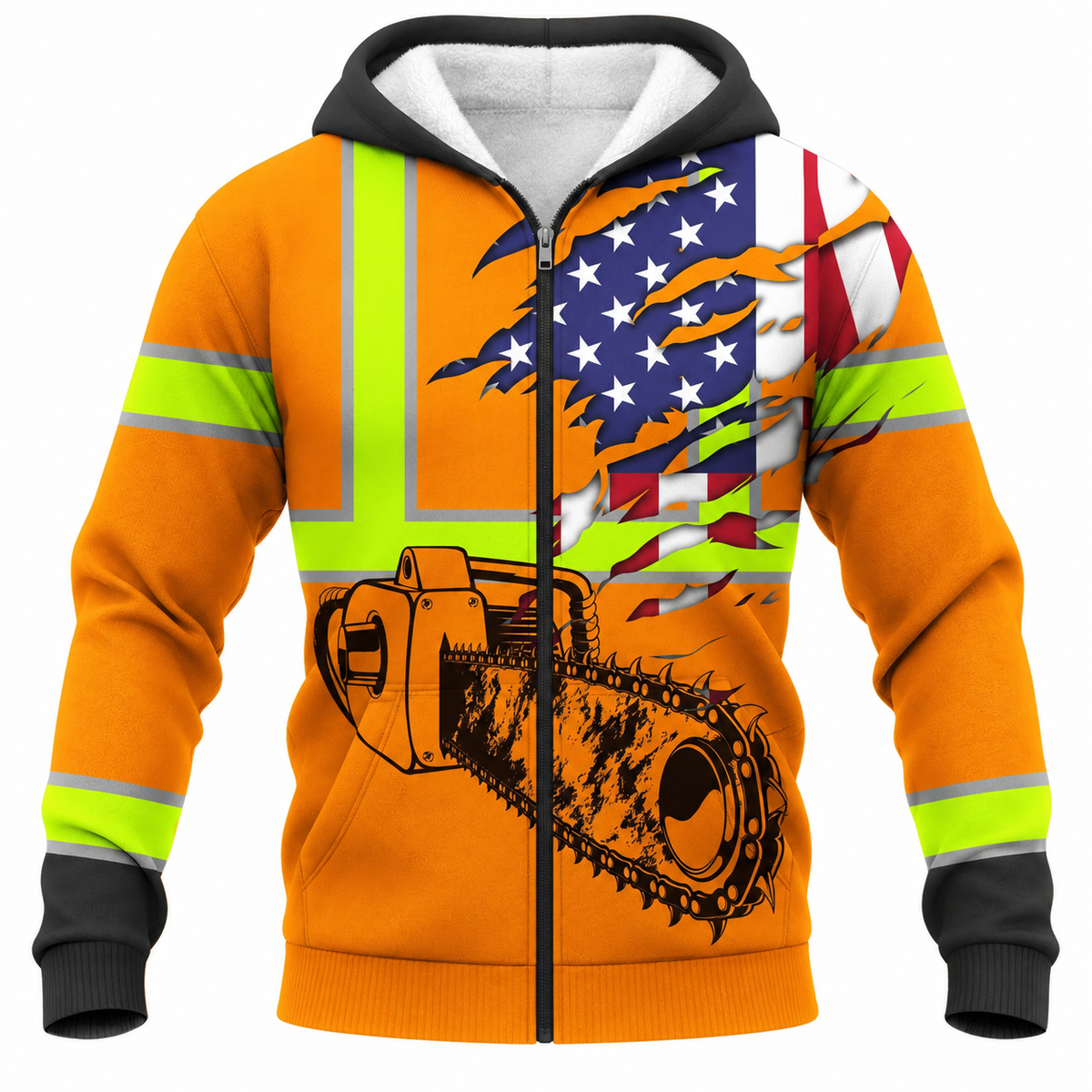 Personalized Logger Hoodie & T-Shirt - Orange American Flag Chainsaw – Fleece Zip Hoodie, front view