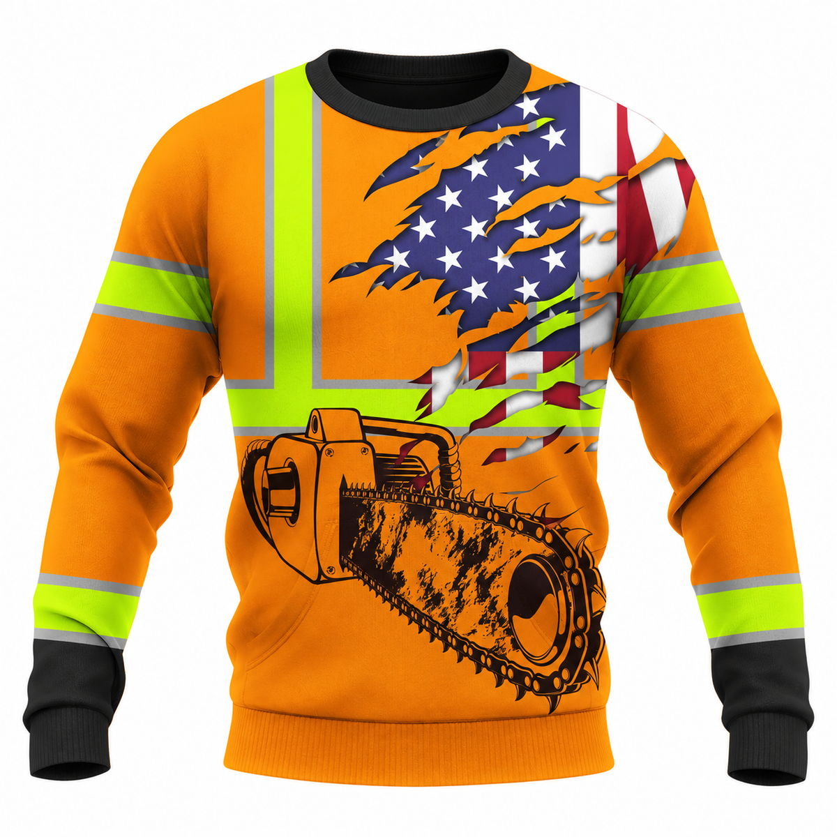 Personalized Logger Hoodie & T-Shirt - Orange American Flag Chainsaw – Sweatshirt, front view