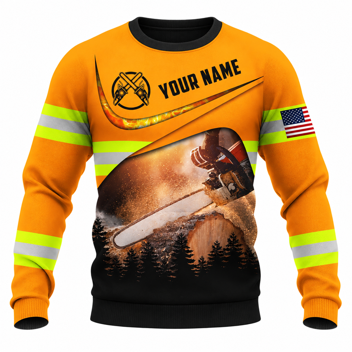 Personalized Logger Hoodie & T-Shirt - Orange Forest Chainsaw Scene – Sweatshirt, front view