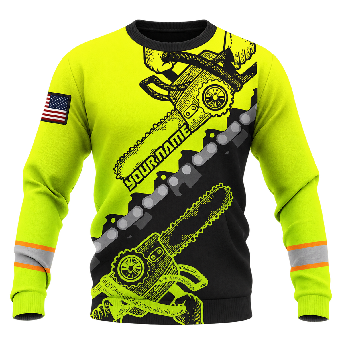 Personalized Logger Hoodie & T-Shirt - Neon Yellow Black Chainsaw Chain – Sweatshirt, front view