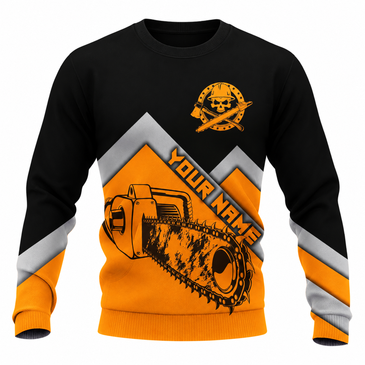 Personalized Logger Hoodie & T-Shirt - Black Orange Chevron Chainsaw – Sweatshirt, front view