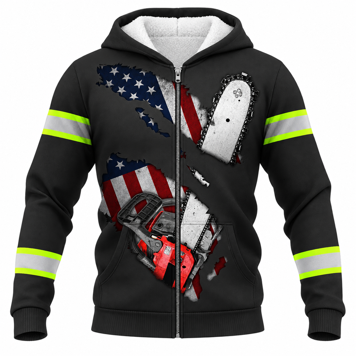 Personalized Logger Hoodie & T-Shirt - Black American Flag Crossed Chainsaws – Fleece Zip Hoodie, front view
