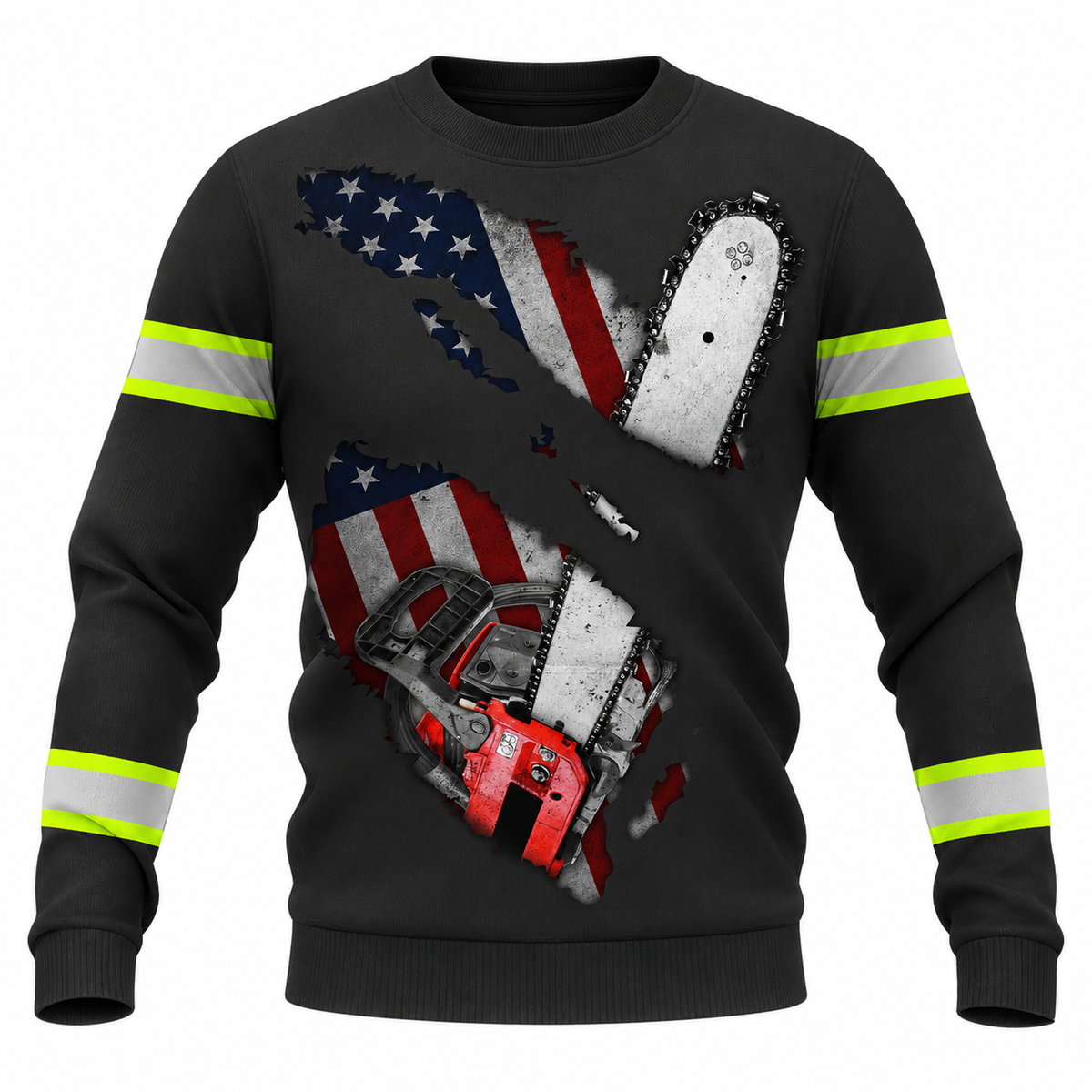 Personalized Logger Hoodie & T-Shirt - Black American Flag Crossed Chainsaws – Sweatshirt, front view