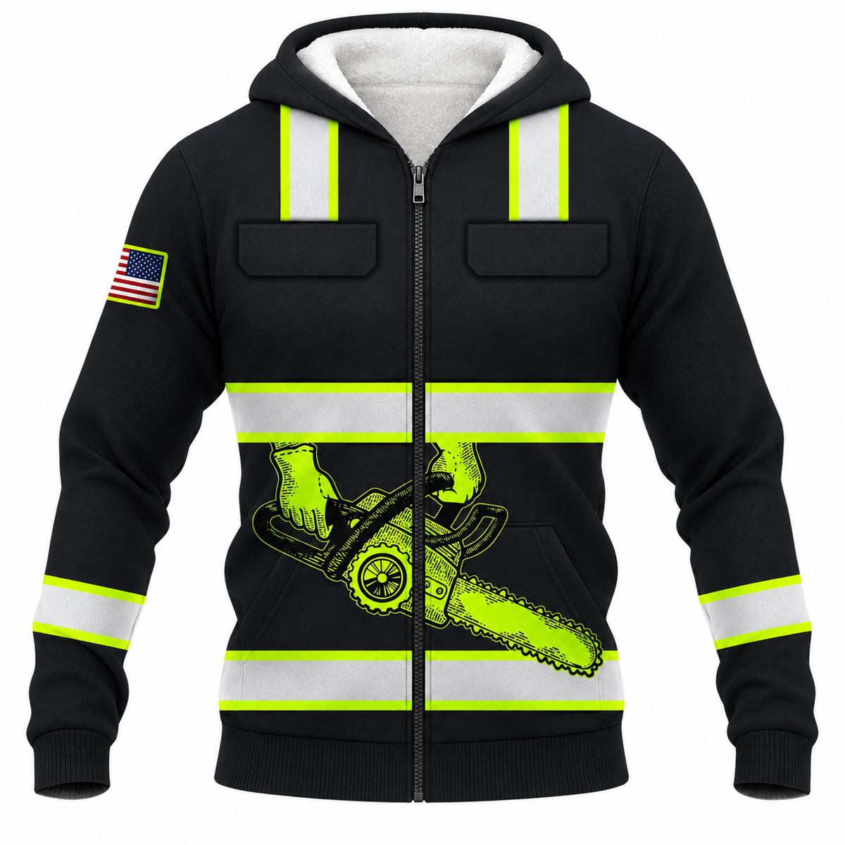 Personalized Logger Hoodie & T-Shirt - Black Yellow Stripe Chainsaw – Fleece Zip Hoodie, front view