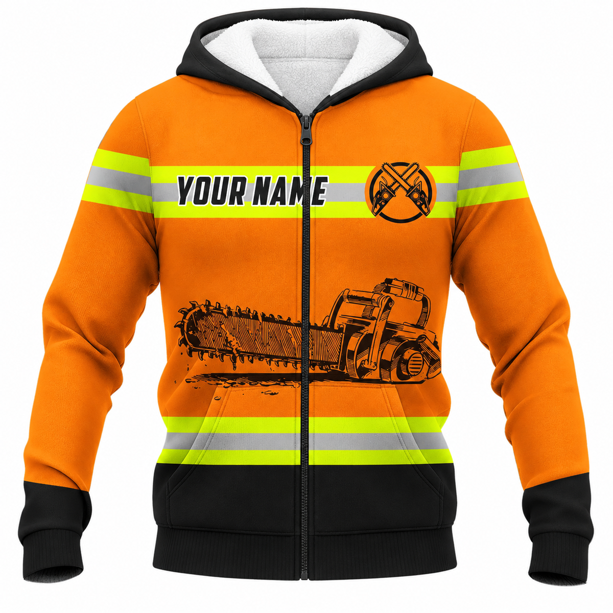 Personalized Logger Hoodie & T-Shirt - Orange Chainsaw Print – Fleece Zip Hoodie, front view