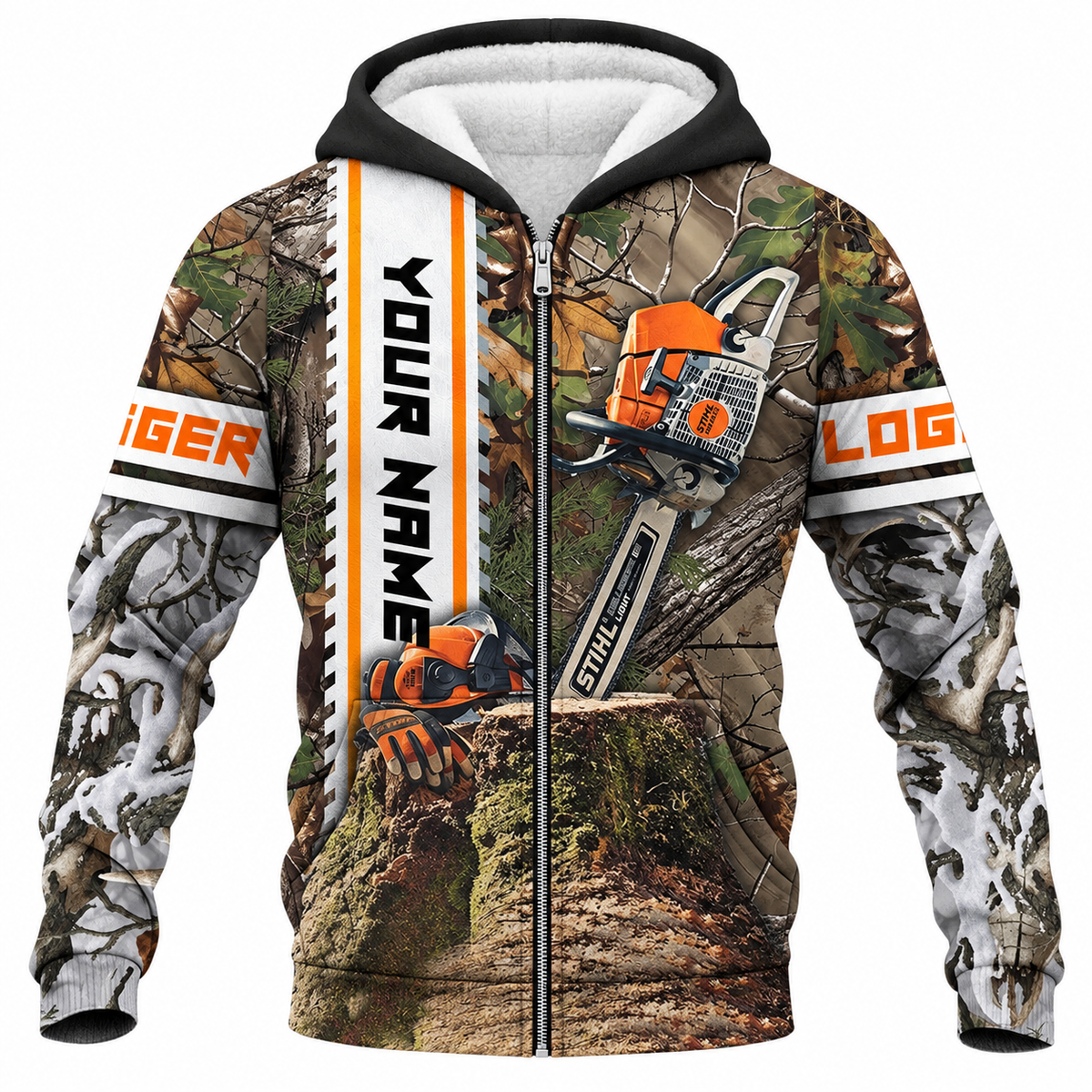 Personalized Logger Hoodie & T-Shirt - Woodland Camo Chainsaw – Fleece Zip Hoodie, front view