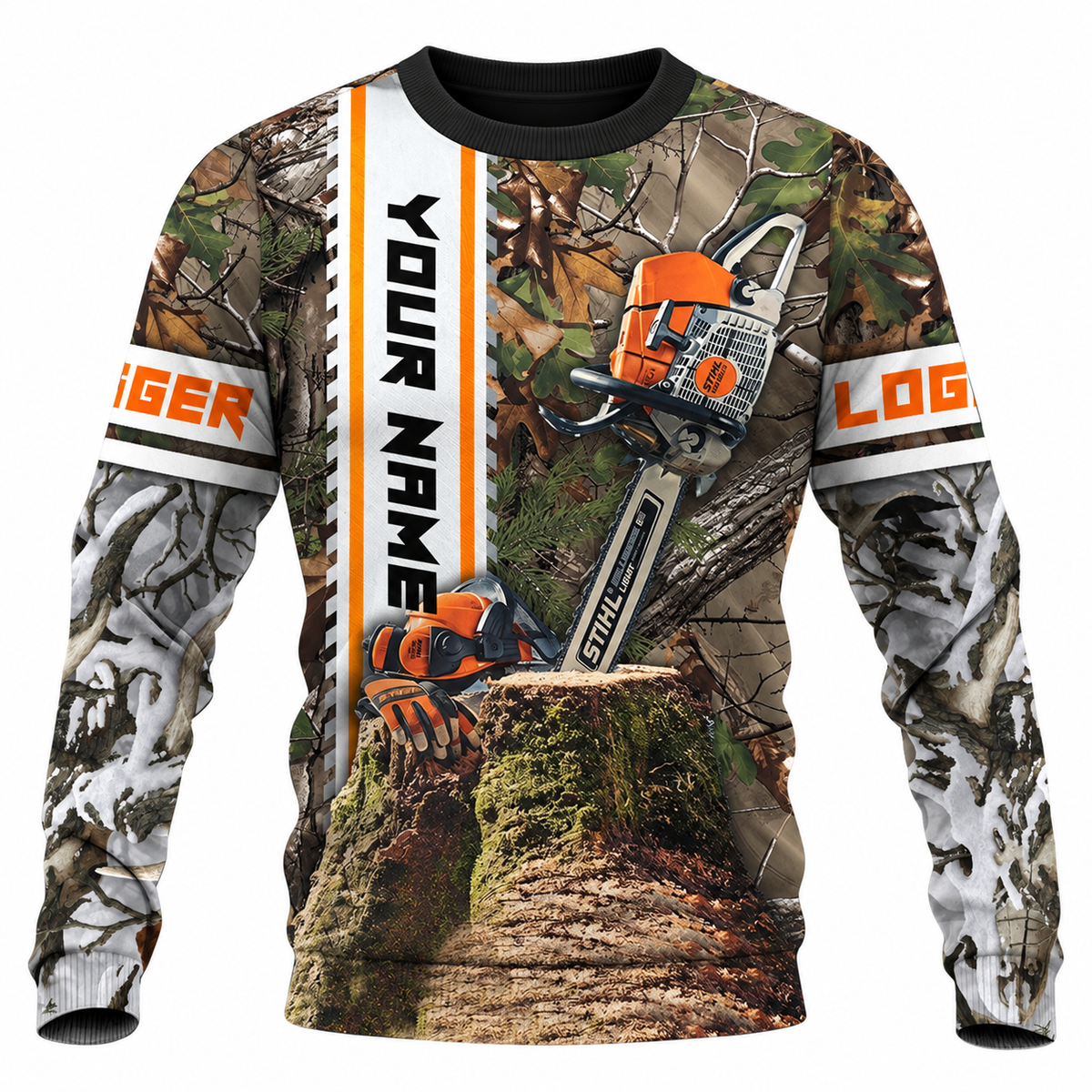 Personalized Logger Hoodie & T-Shirt - Woodland Camo Chainsaw – Sweatshirt, front view