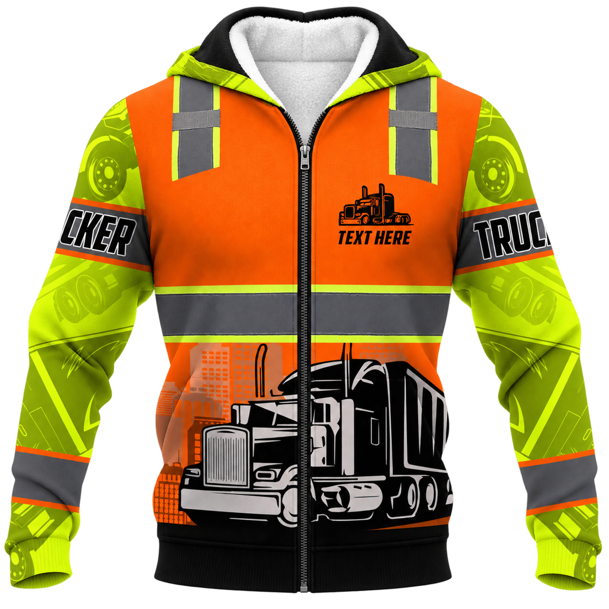 Personalized Trucker Hoodie & T-Shirt - Orange Vest Print Semi Truck – Fleece Zip Hoodie, front view