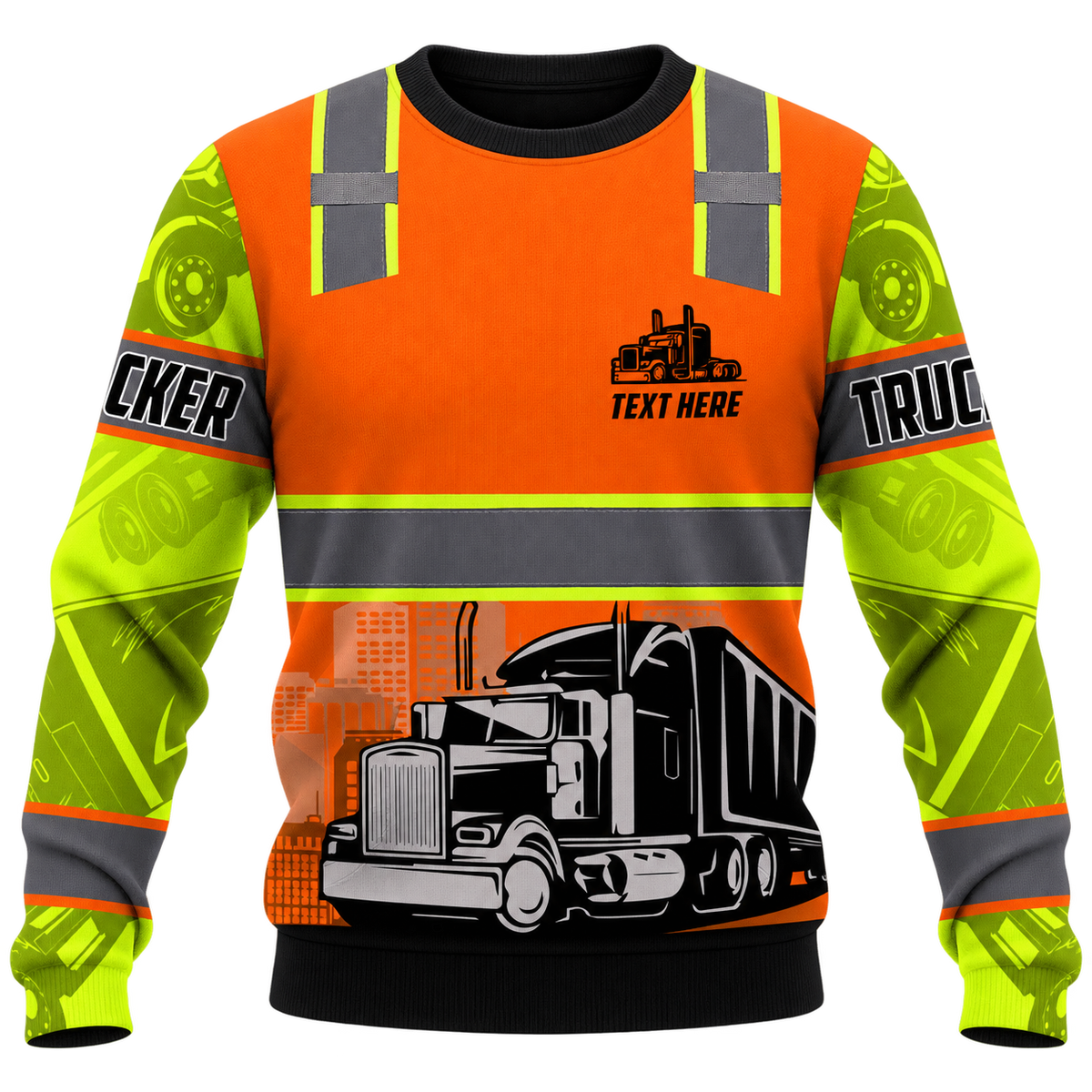 Personalized Trucker Hoodie & T-Shirt - Orange Vest Print Semi Truck – Sweatshirt, front view